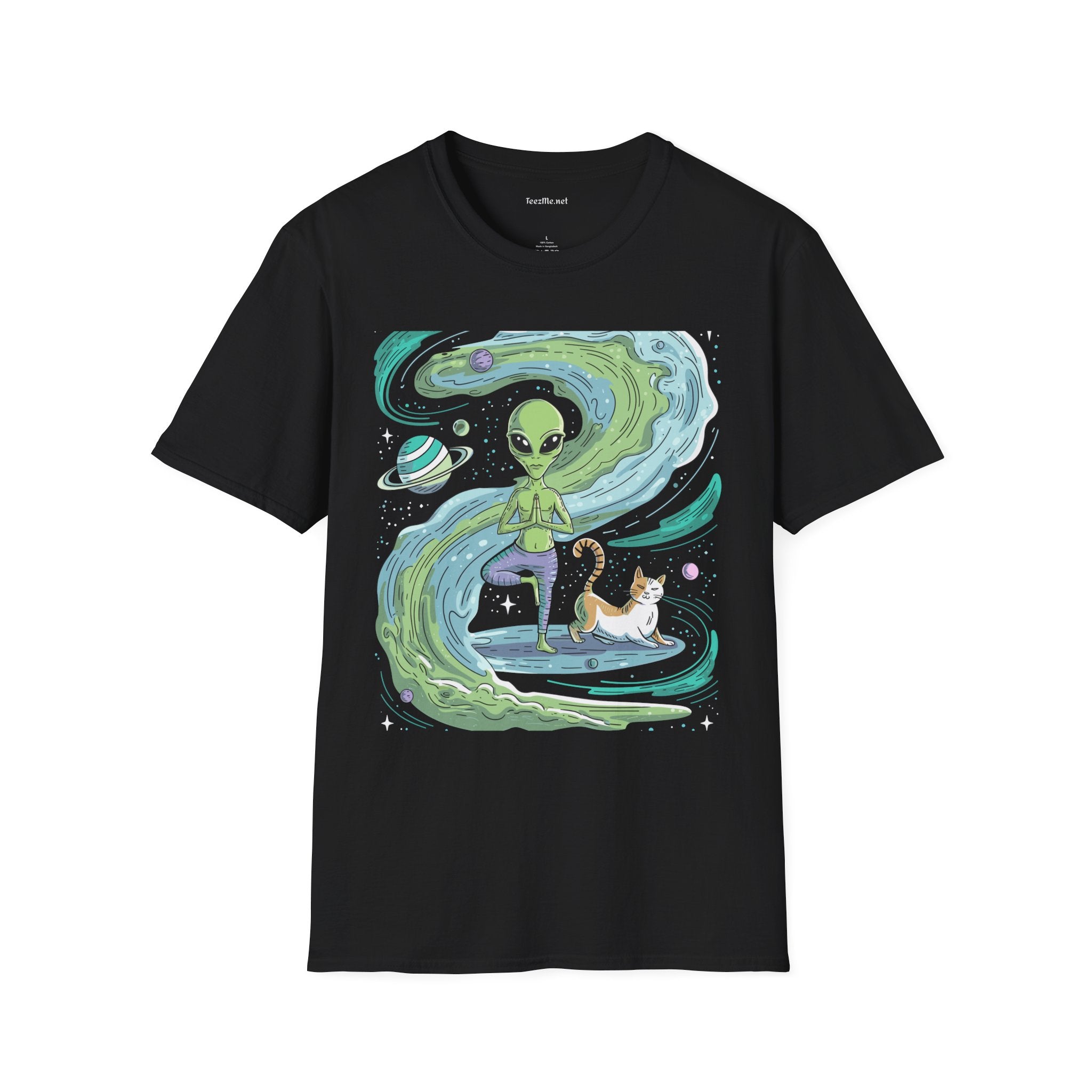 Yoga Alien with Cat Unisex Softstyle T-Shirt 100% Cotton Graphic