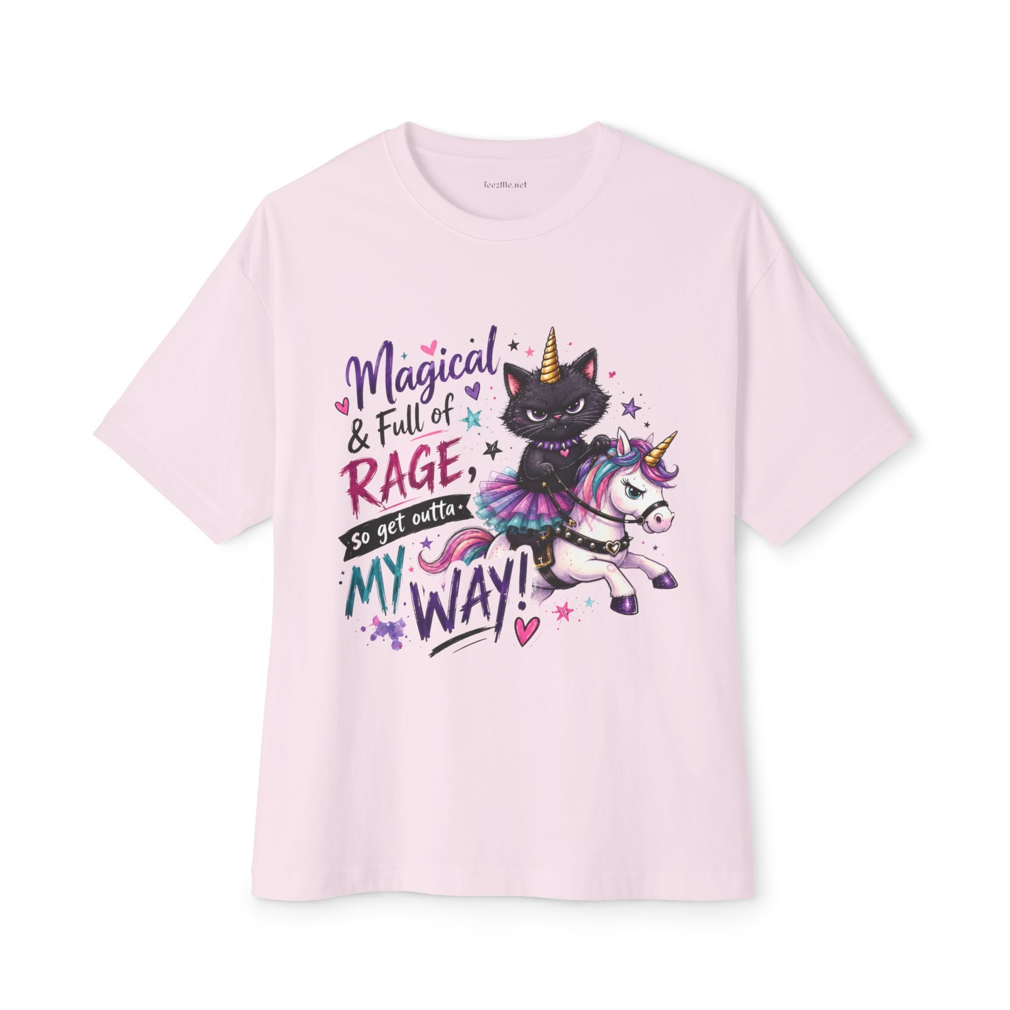 Magical & Full of Rage Cat on Unicorn Tee — "Get Outta My Way" Oversized Shirt