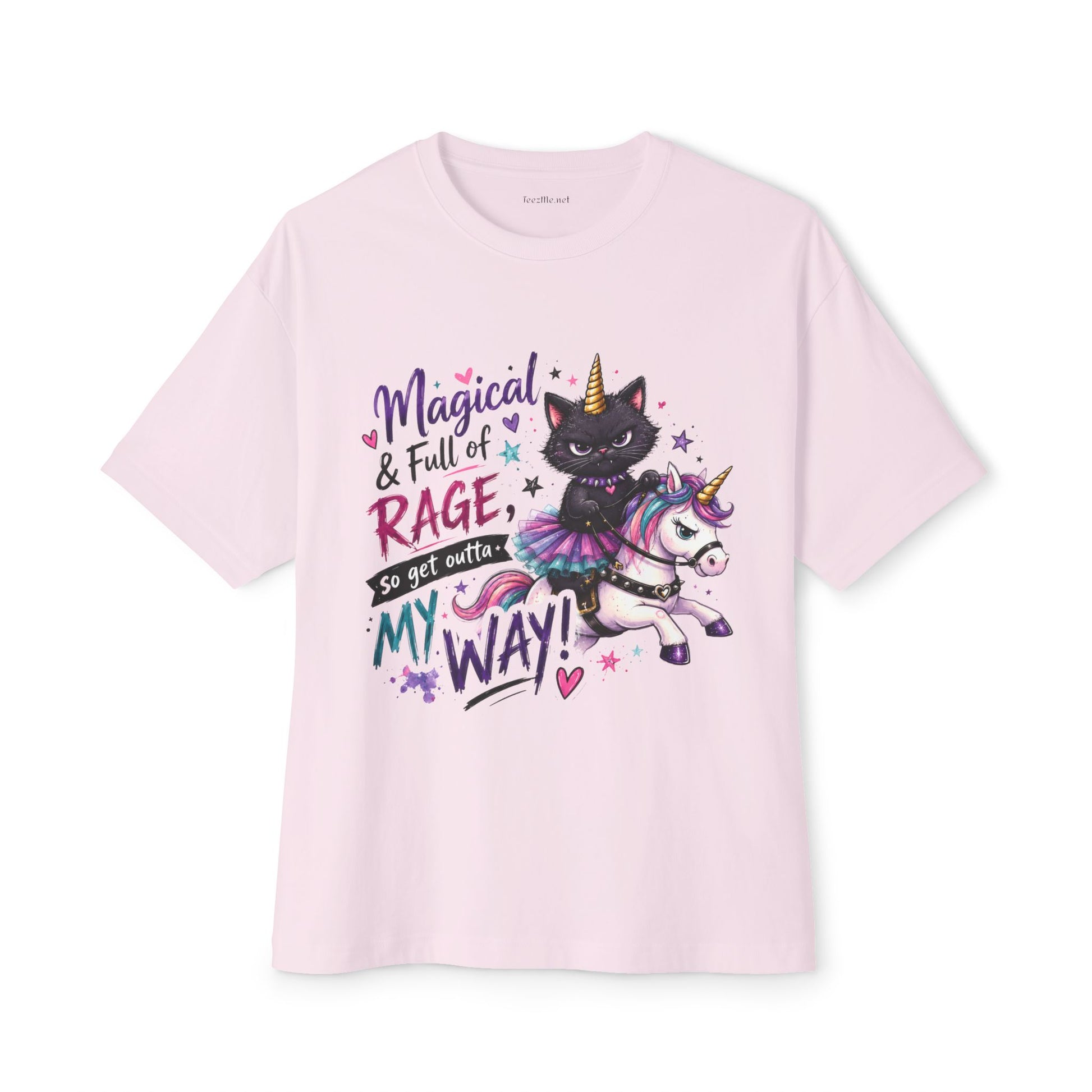 Magical & Full of Rage Cat on Unicorn Tee — "Get Outta My Way" Oversized Shirt
