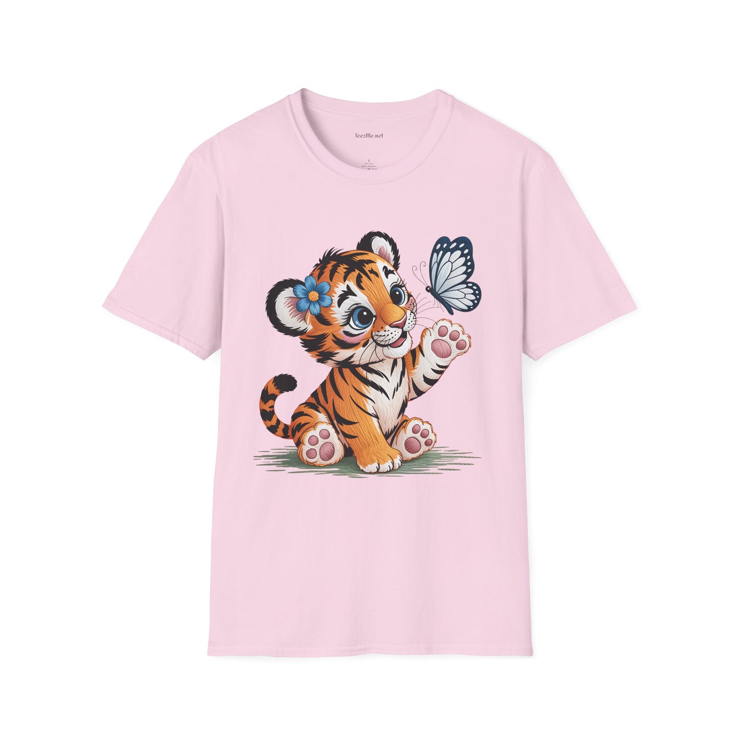 Cute Tiger Cub with Butterfly Unisex Softstyle T-Shirt 100% Cotton Graphic