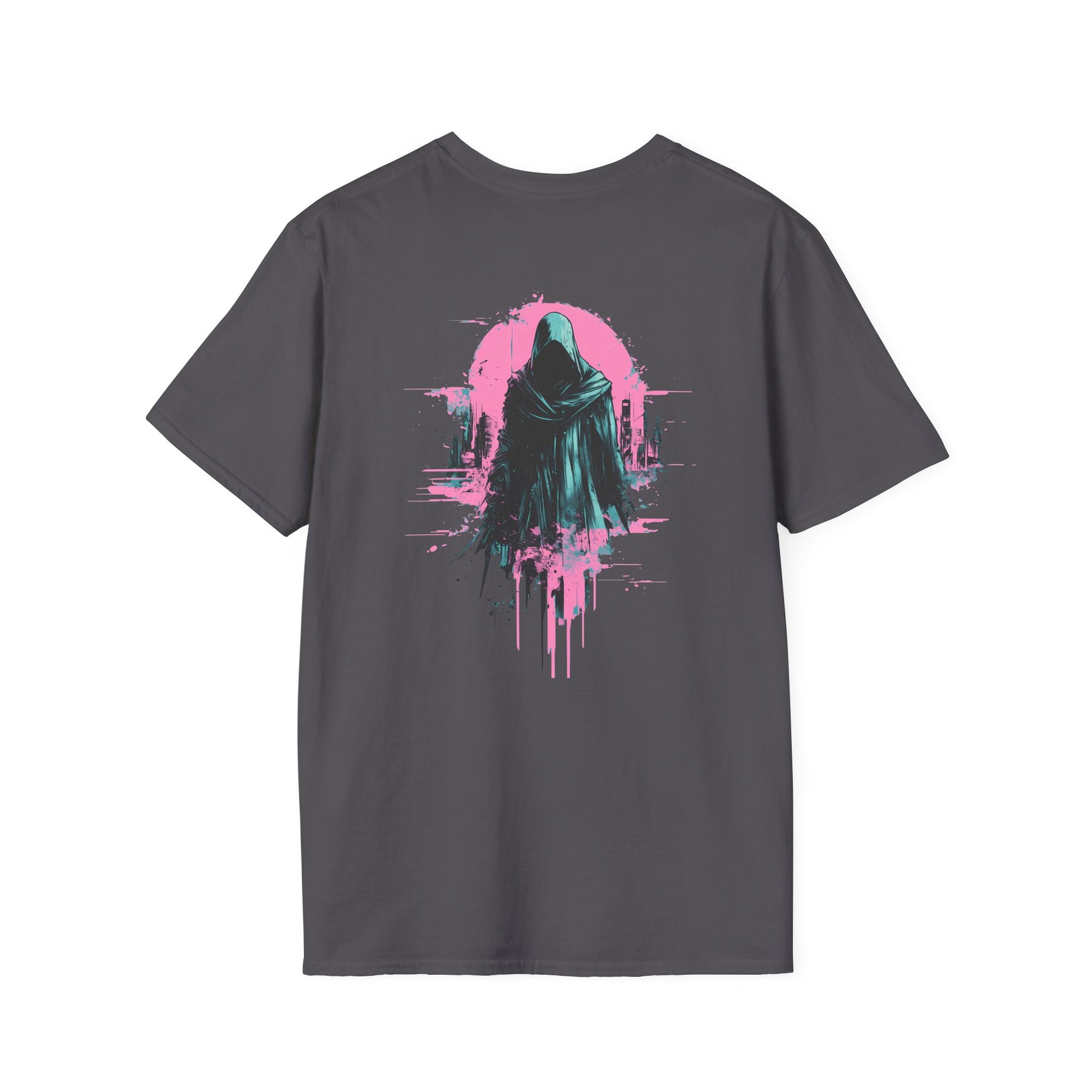Reaper City Scape on back of Unisex Softstyle Graphic T-Shirt