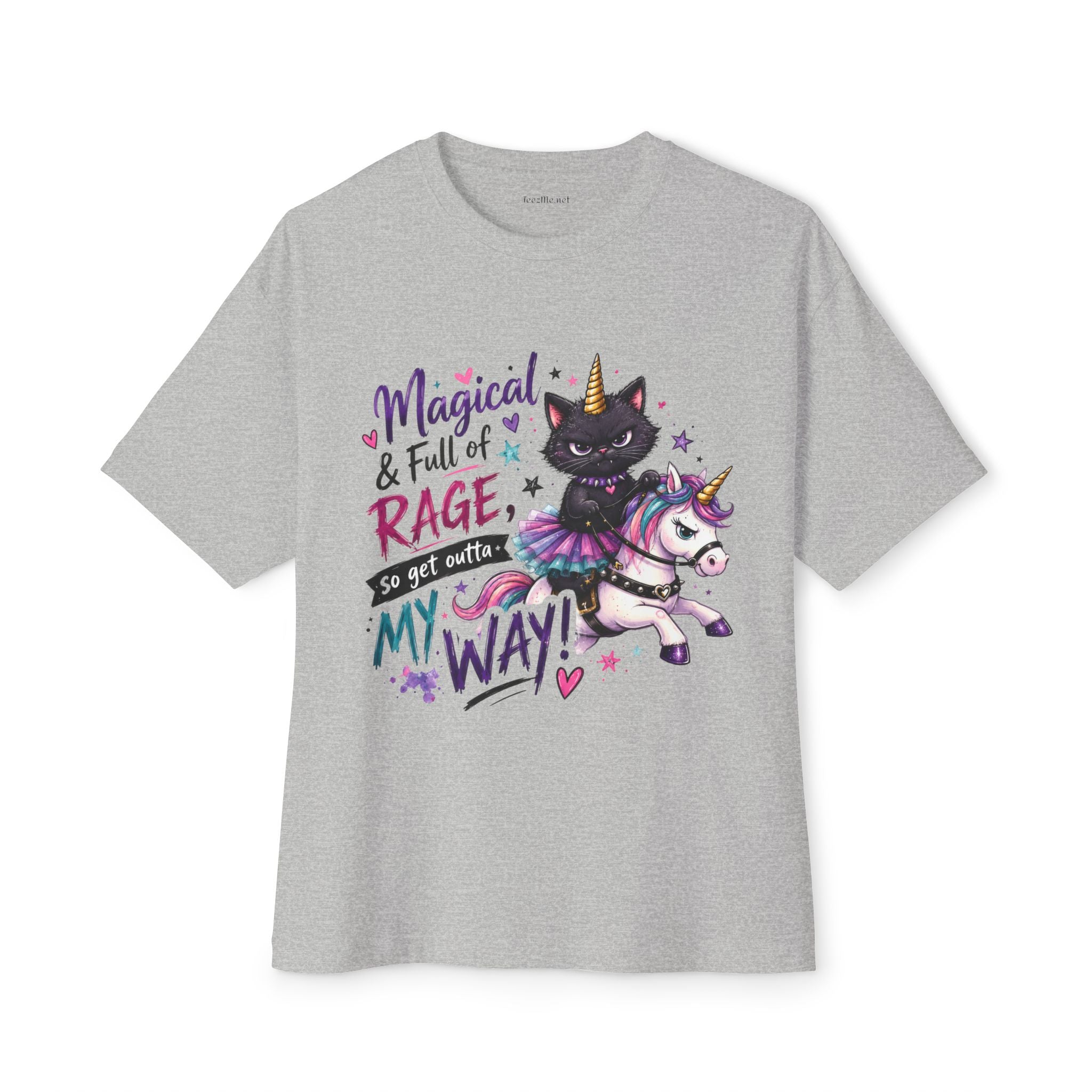 Magical & Full of Rage Cat on Unicorn Tee — "Get Outta My Way" Oversized Shirt