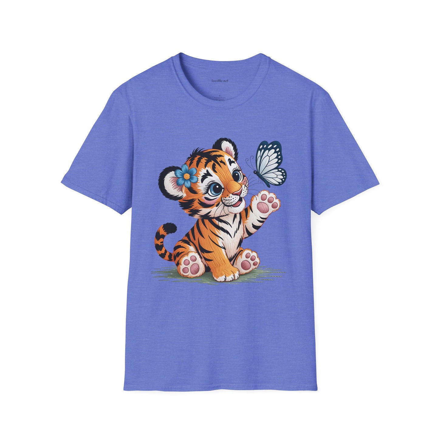 Cute Tiger Cub with Butterfly Unisex Softstyle T-Shirt 100% Cotton Graphic