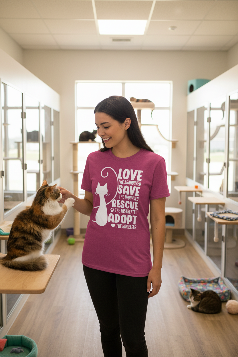 Cat Rescue T-Shirt — "Love the Abandoned, Save the Wounded" Adoption Tee