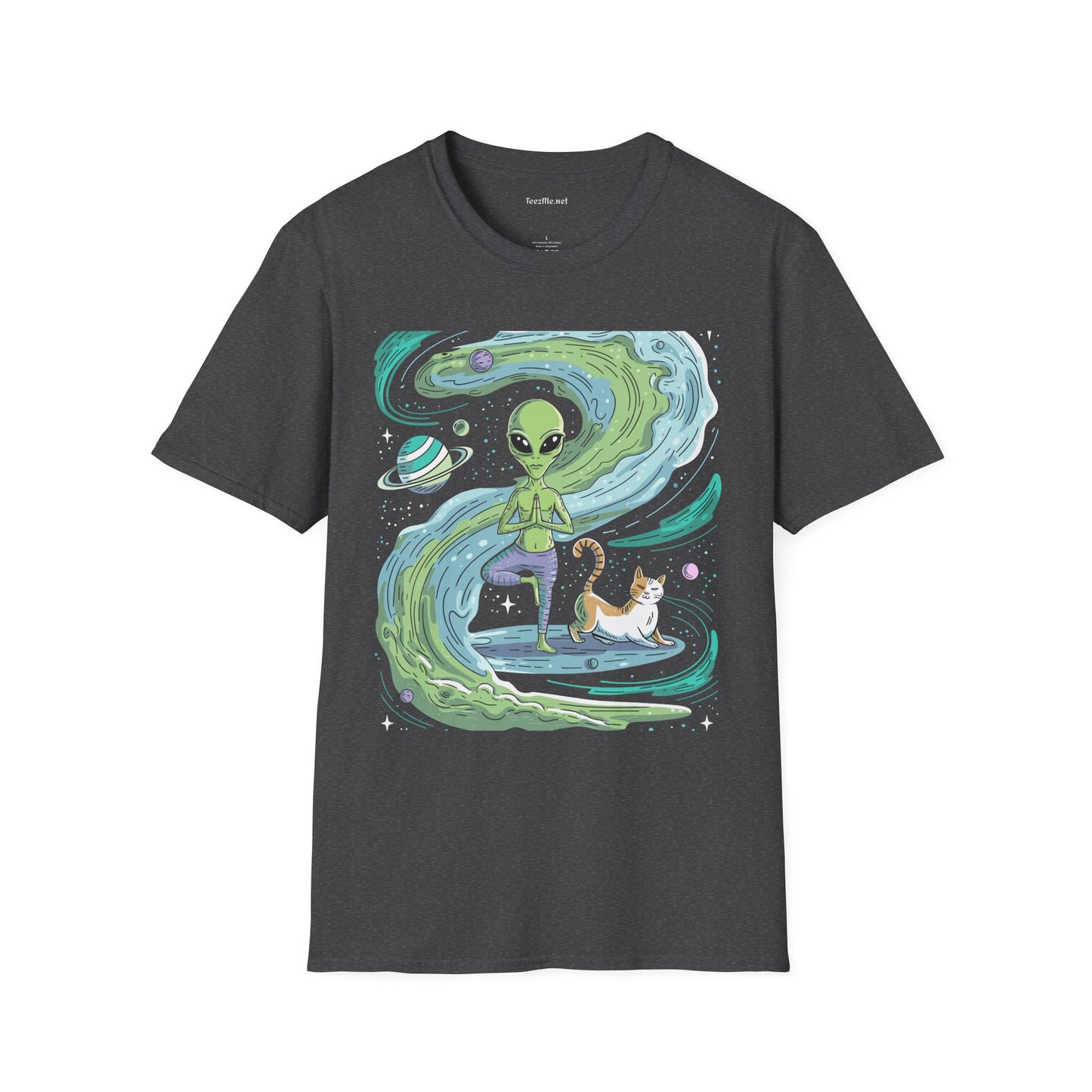 Yoga Alien with Cat Unisex Softstyle T-Shirt 100% Cotton Graphic
