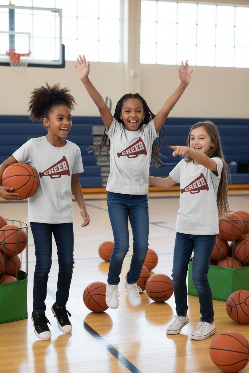 Youth Cheer Megaphone Tee — Kids Cheerleading Shirt