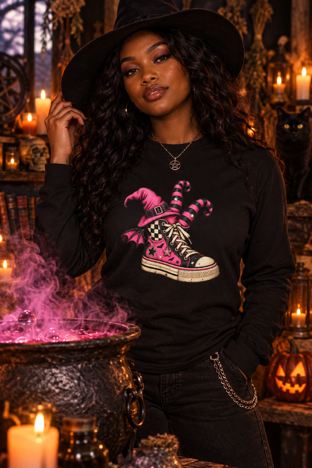Witchy Sneaker Long Sleeve Tee — Pink Goth Converse Witch Shoe Design