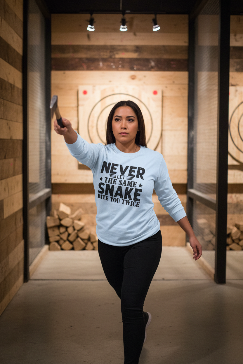 Long Sleeve Tee — "Never Let the Same Snake Bite You Twice" Graphic