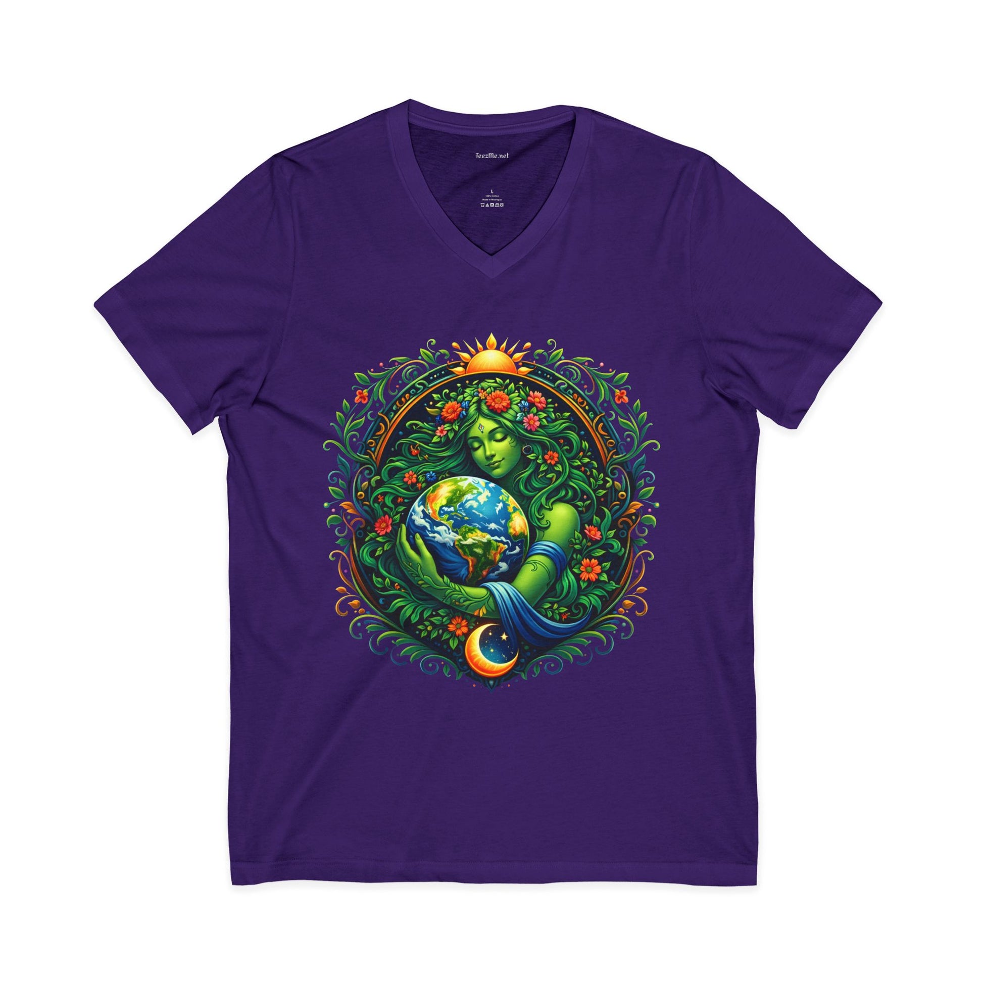 Earth Goddess V-Neck Tee — Mother Nature Embrace Eco Love Shirt