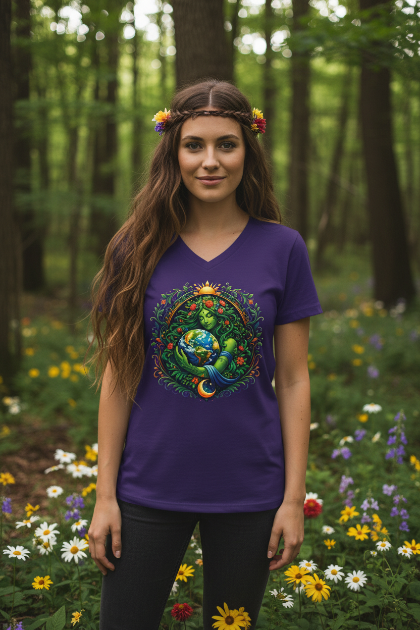 Earth Goddess V-Neck Tee — Mother Nature Embrace Eco Love Shirt