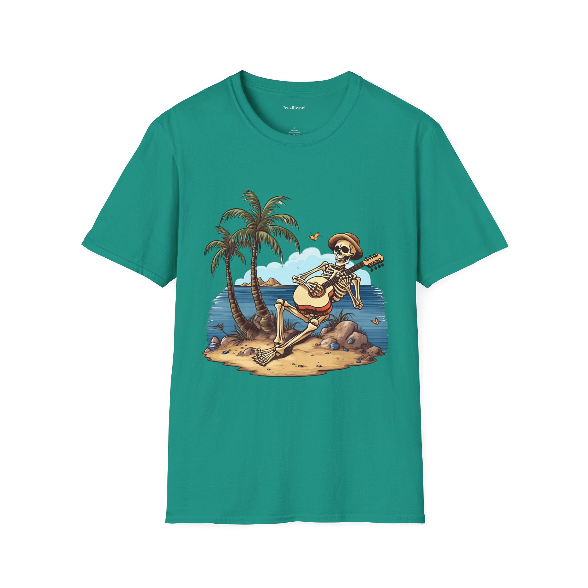 Skeleton with Guitar under palm tree - Unisex Softstyle T-Shirt 100% Cotton Graphic