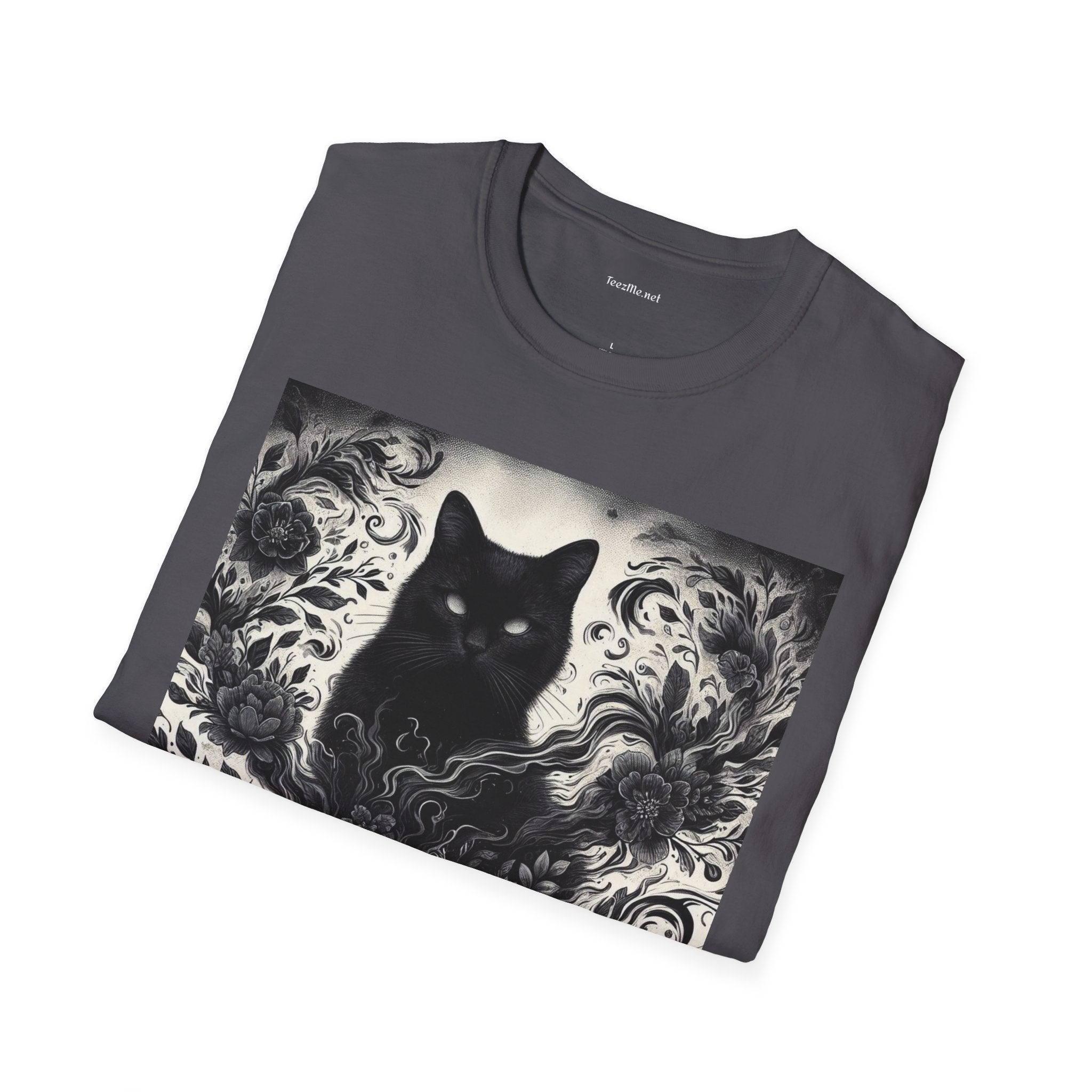 Black Cat Floral -Shirt 100% Cotton Graphic
