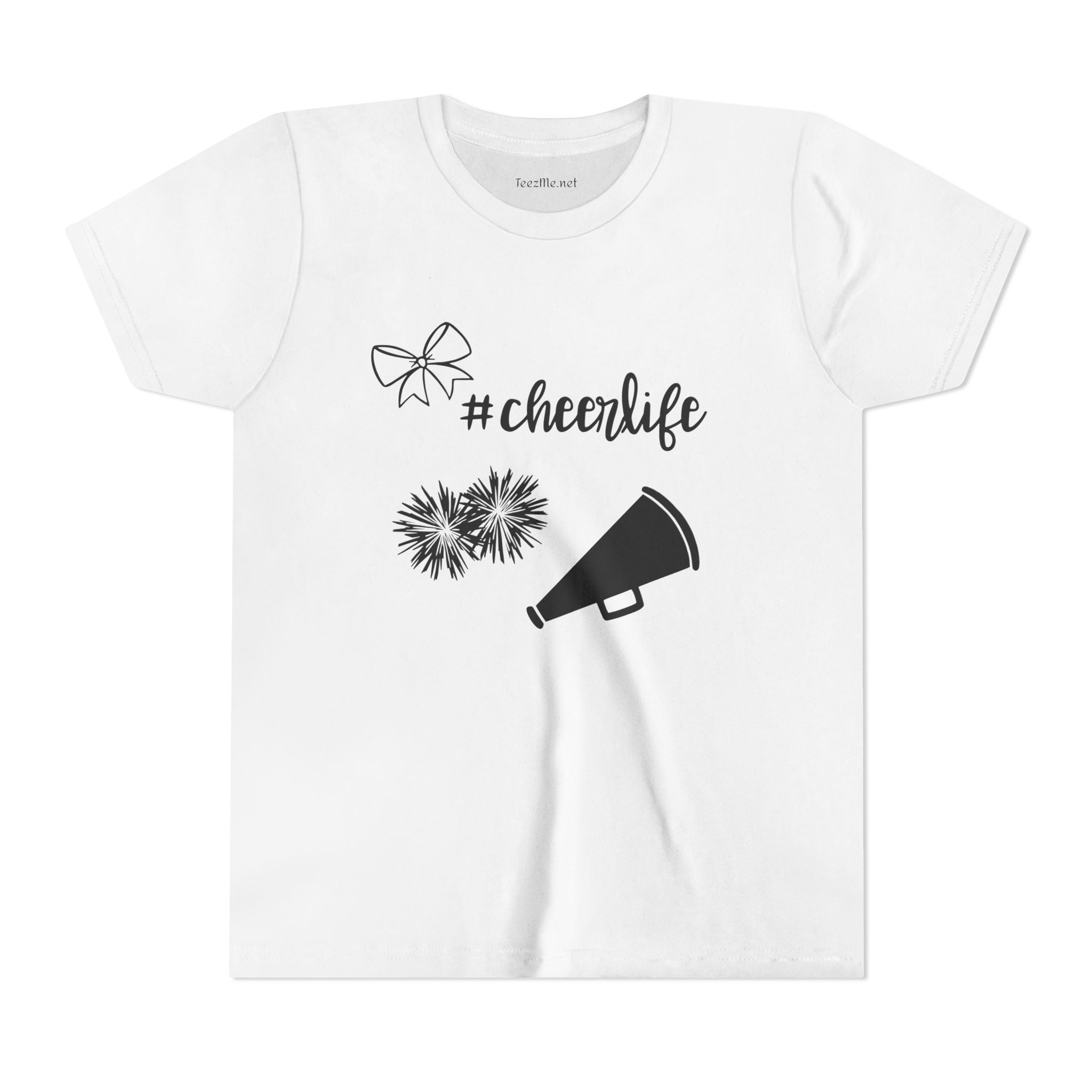 Youth Cheer Tee – "#cheerlife" Megaphone, Pom-Poms & Bow Graphic