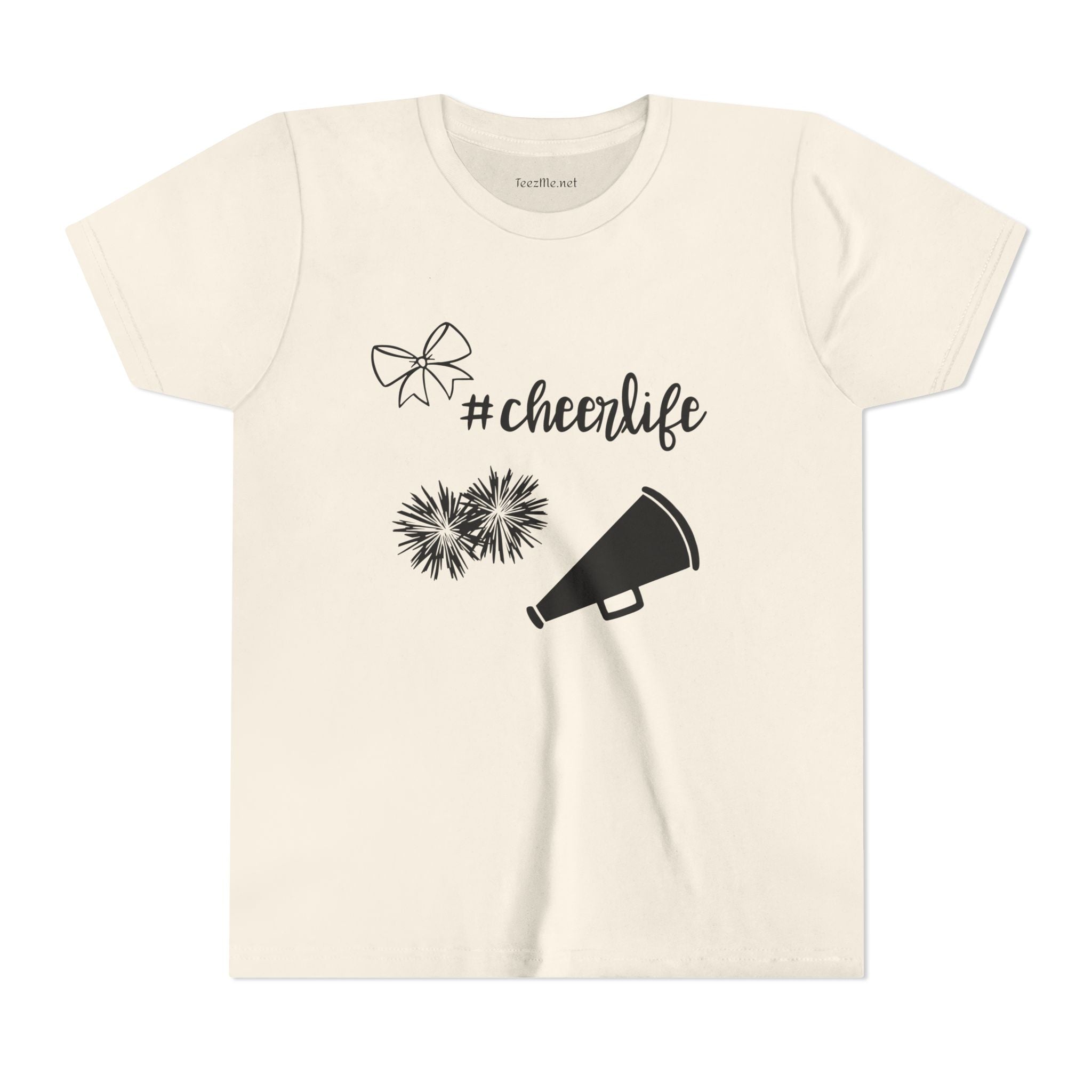 Youth Cheer Tee – "#cheerlife" Megaphone, Pom-Poms & Bow Graphic