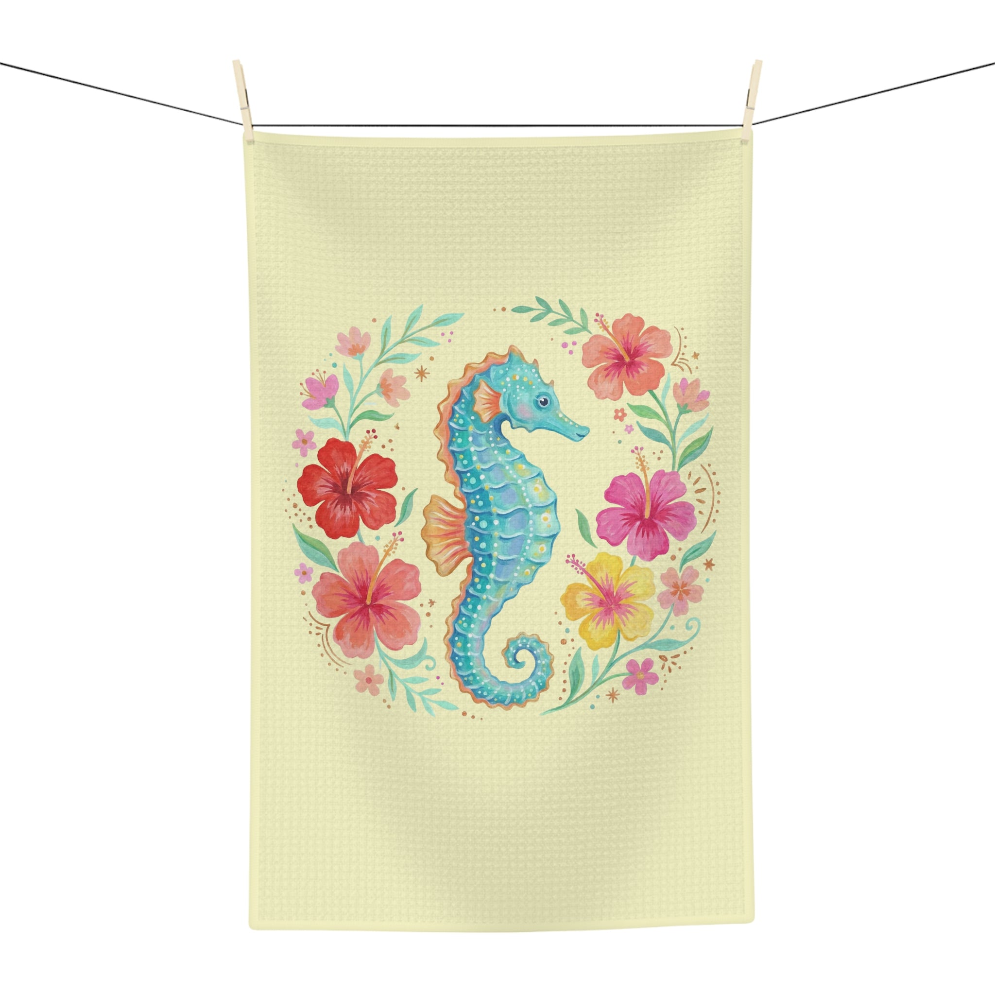 Seahorse Floral Microfiber Tea Towel — Tropical Hibiscus Kitchen Towel