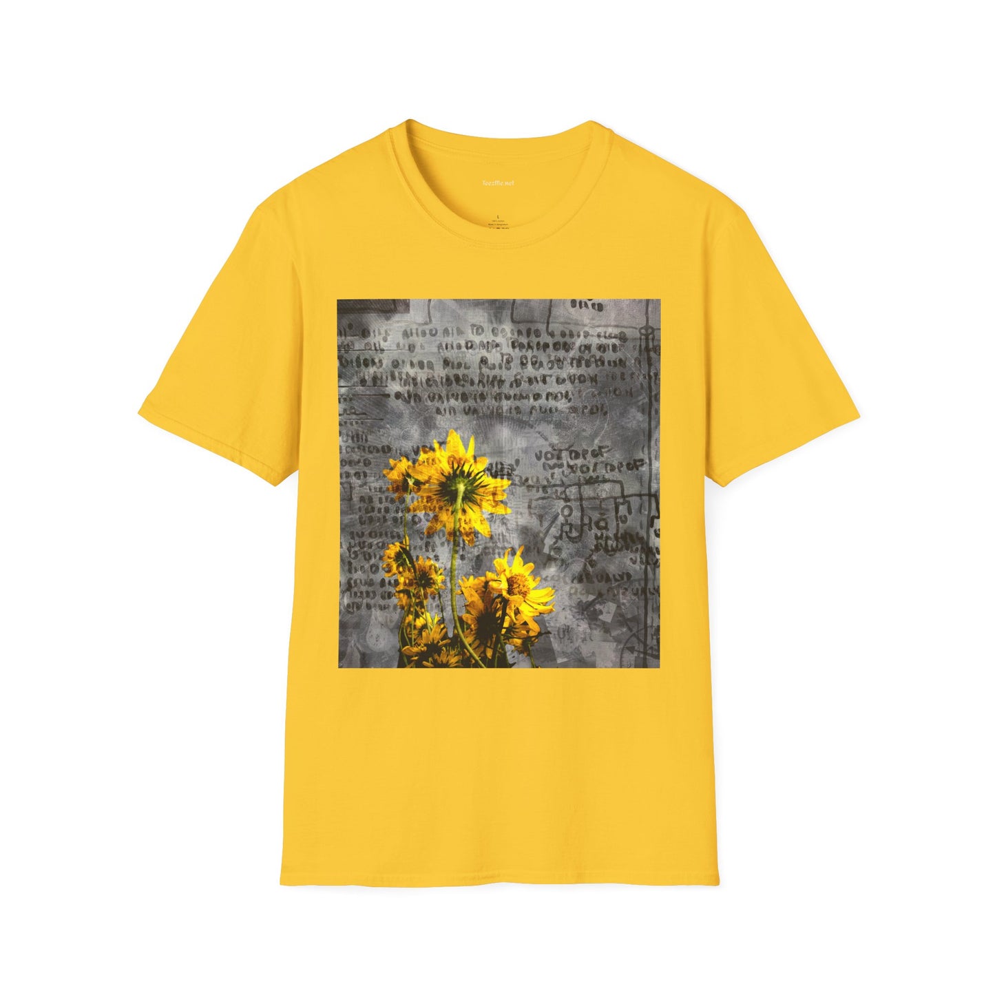 Yellow flowers with ancient symbols - Unisex Softstyle T-Shirt 100% Cotton Graphic