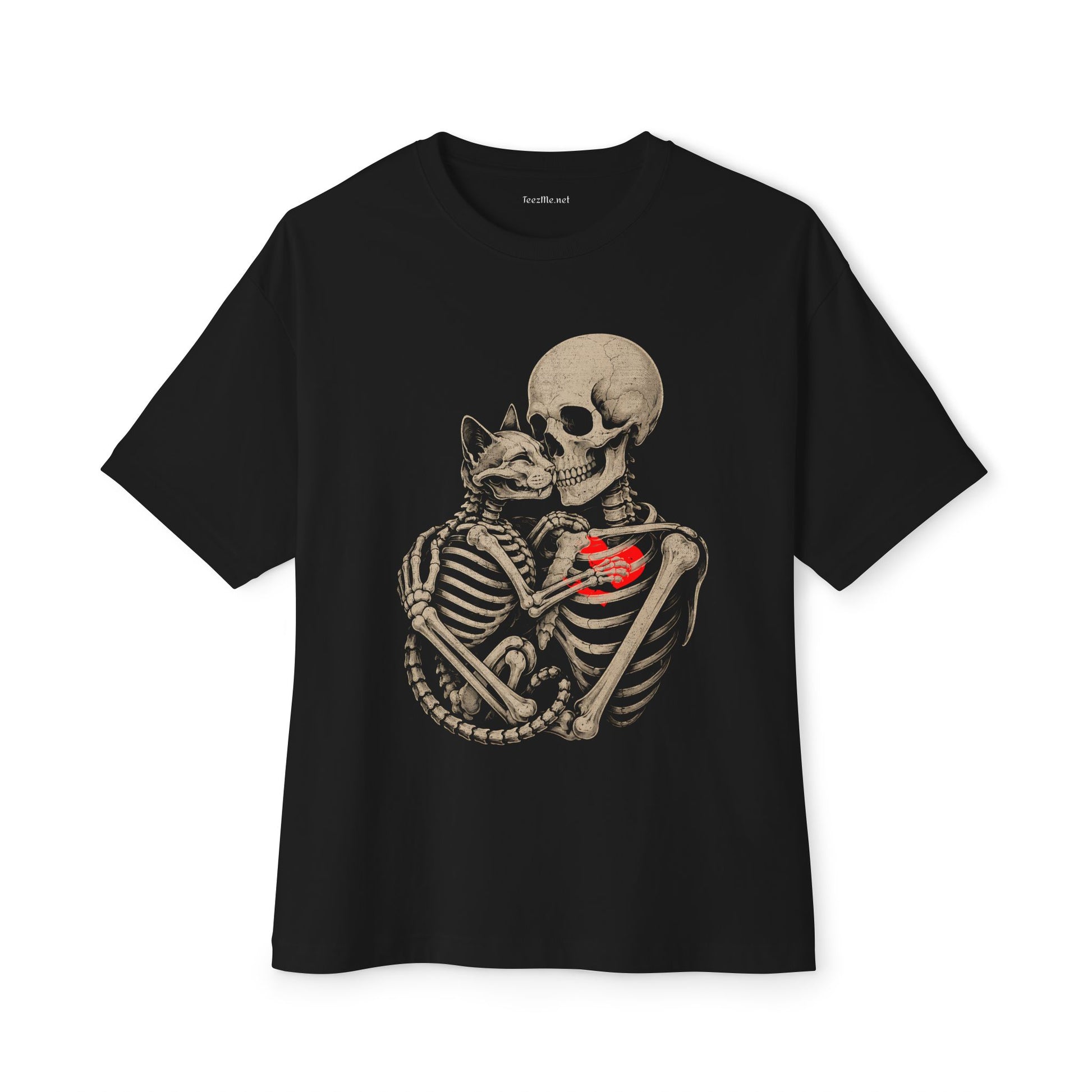 Skeleton Embrace Tee — Skeleton Hugging Cat with Red Heart Graphic