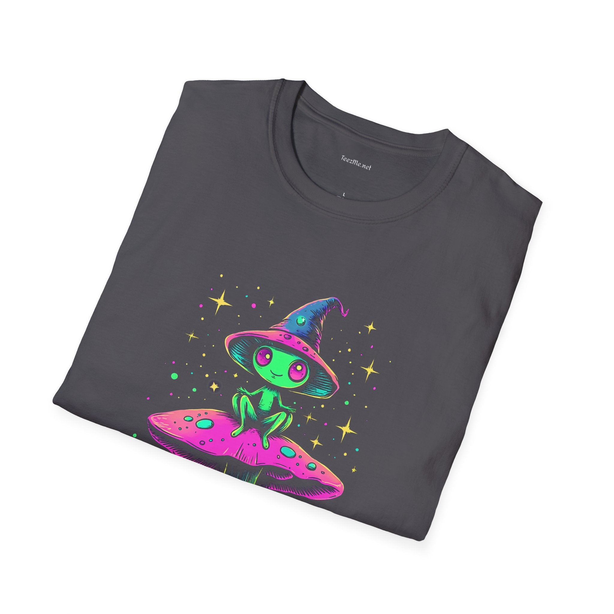Alien sitting on mushroom - Unisex Softstyle T-Shirt 100% Cotton Graphic