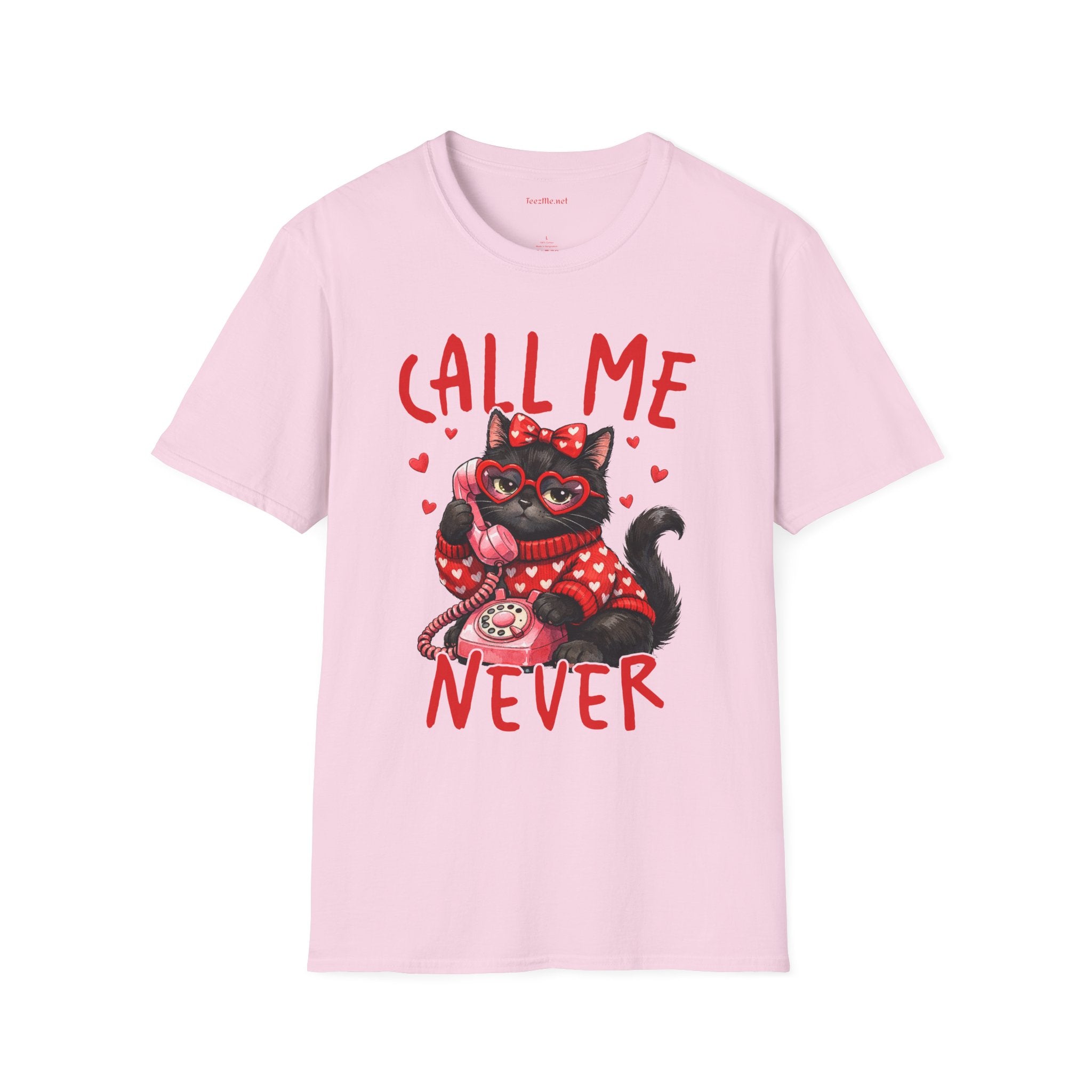 T-Shirt — "Call Me Never" Cute Black Cat Valentine Graphic Tee