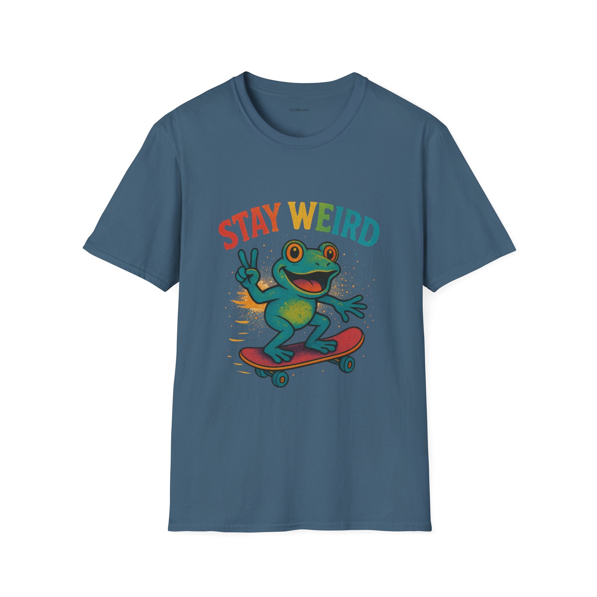Stay Weird Frog T-Shirt — Retro Rainbow Skateboarding Frog Graphic Tee