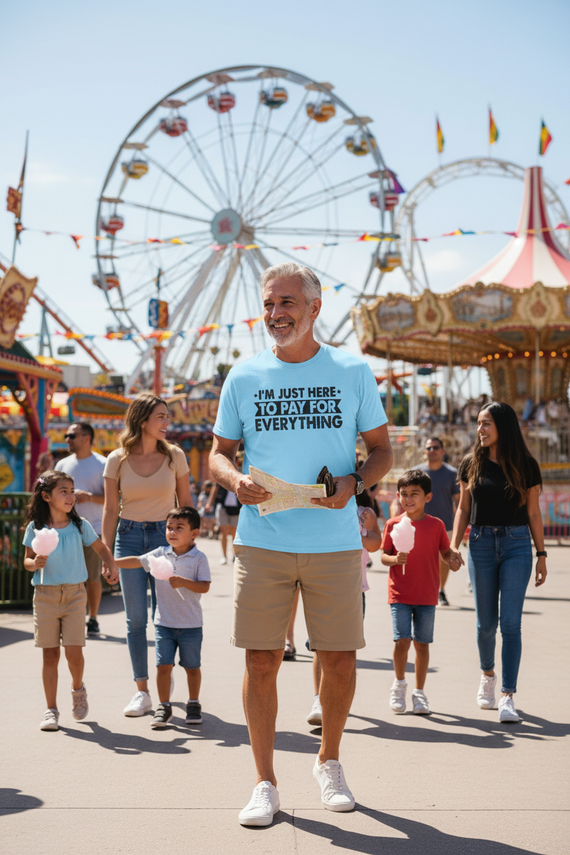 I'm Just Here to Pay for Everything T-Shirt — Funny Sarcastic Statement Tee for Partners & Parents