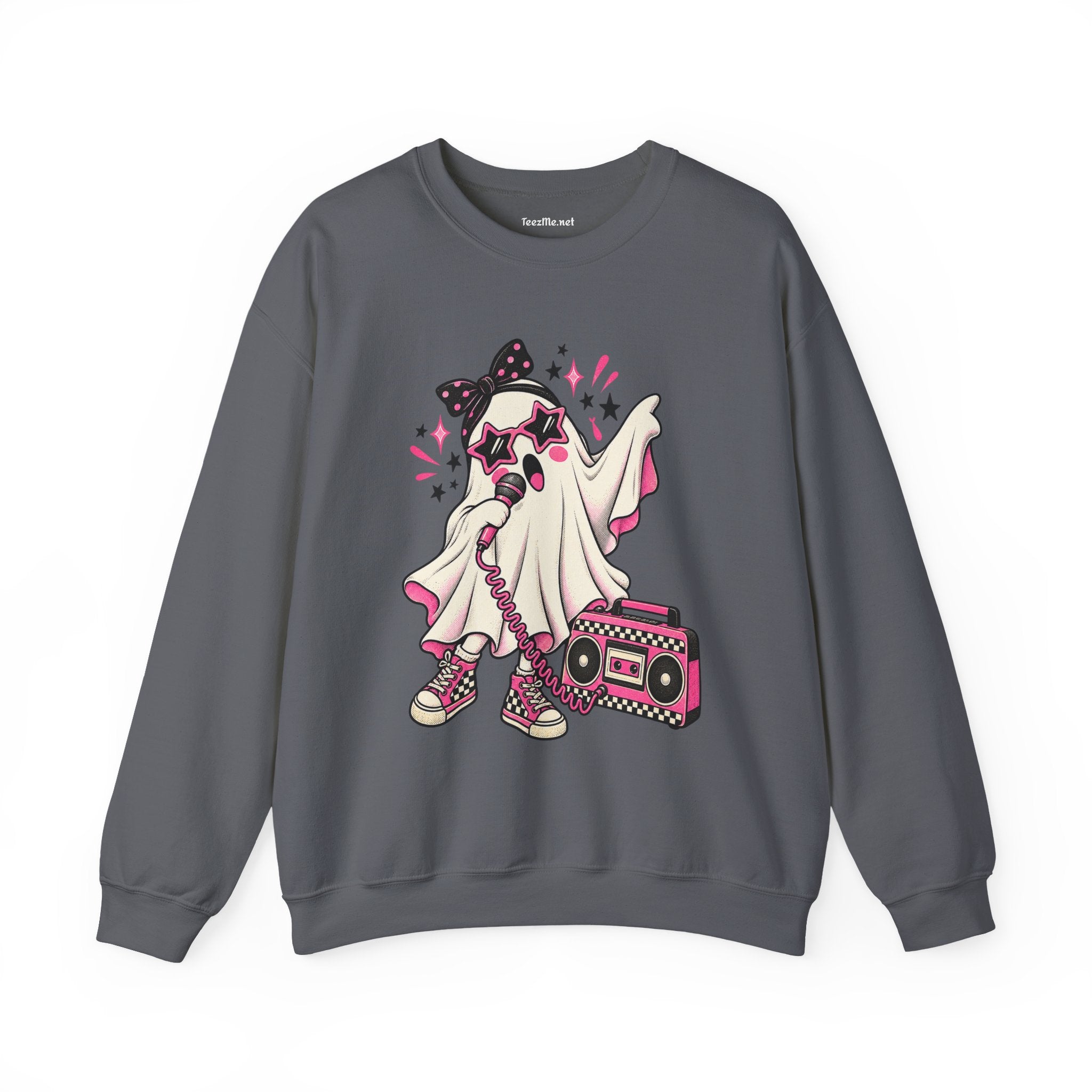 Retro Ghost Crewneck Sweatshirt — Cute 80s Boombox Ghost Design