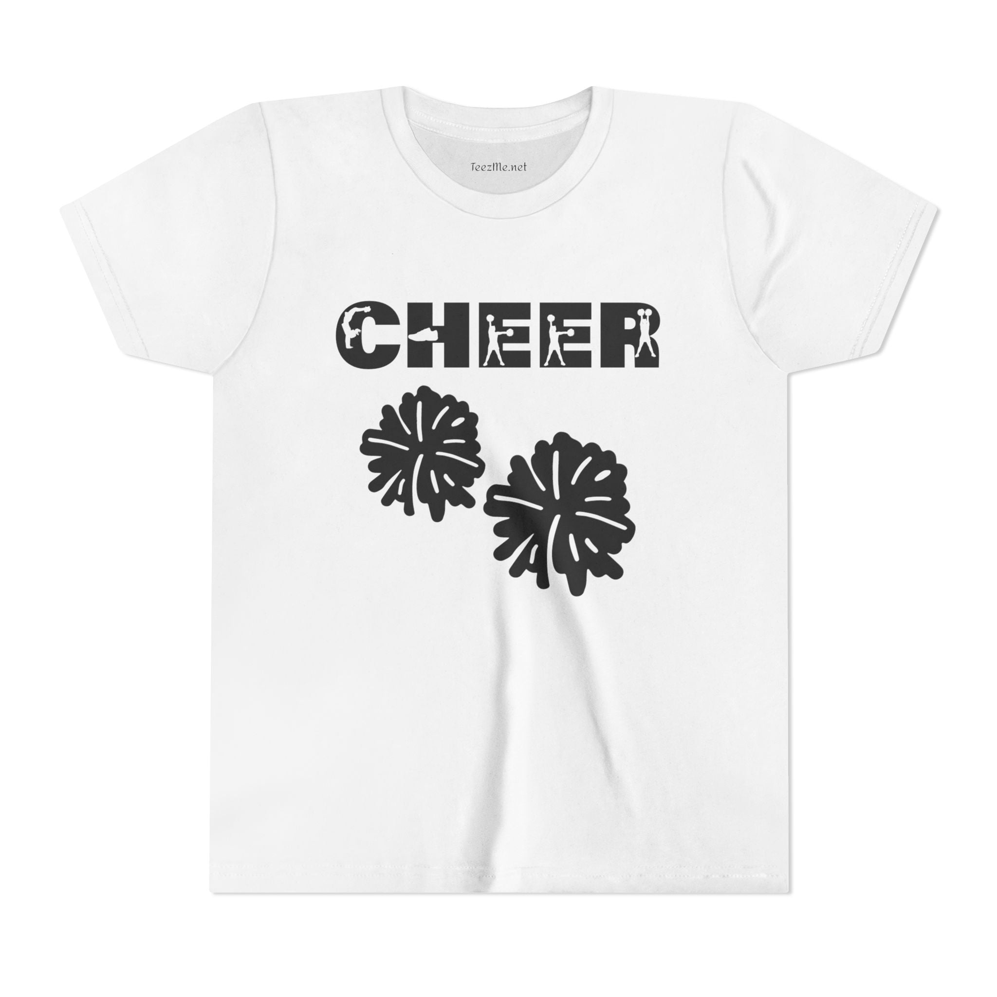 Youth Cheer T‑Shirt – 'CHEER' Graphic with Pom Poms | Kid Cheerleader Tee for Practice & Games