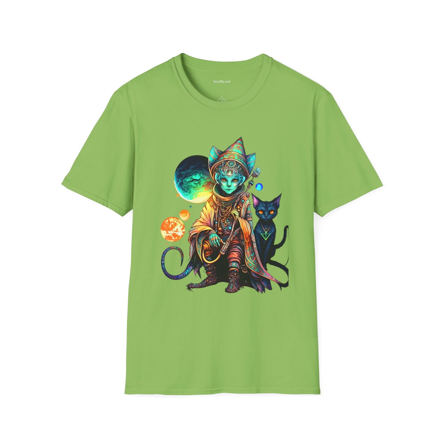 Alien Wizard with Cat Unisex Softstyle T-Shirt 100% Cotton Graphic