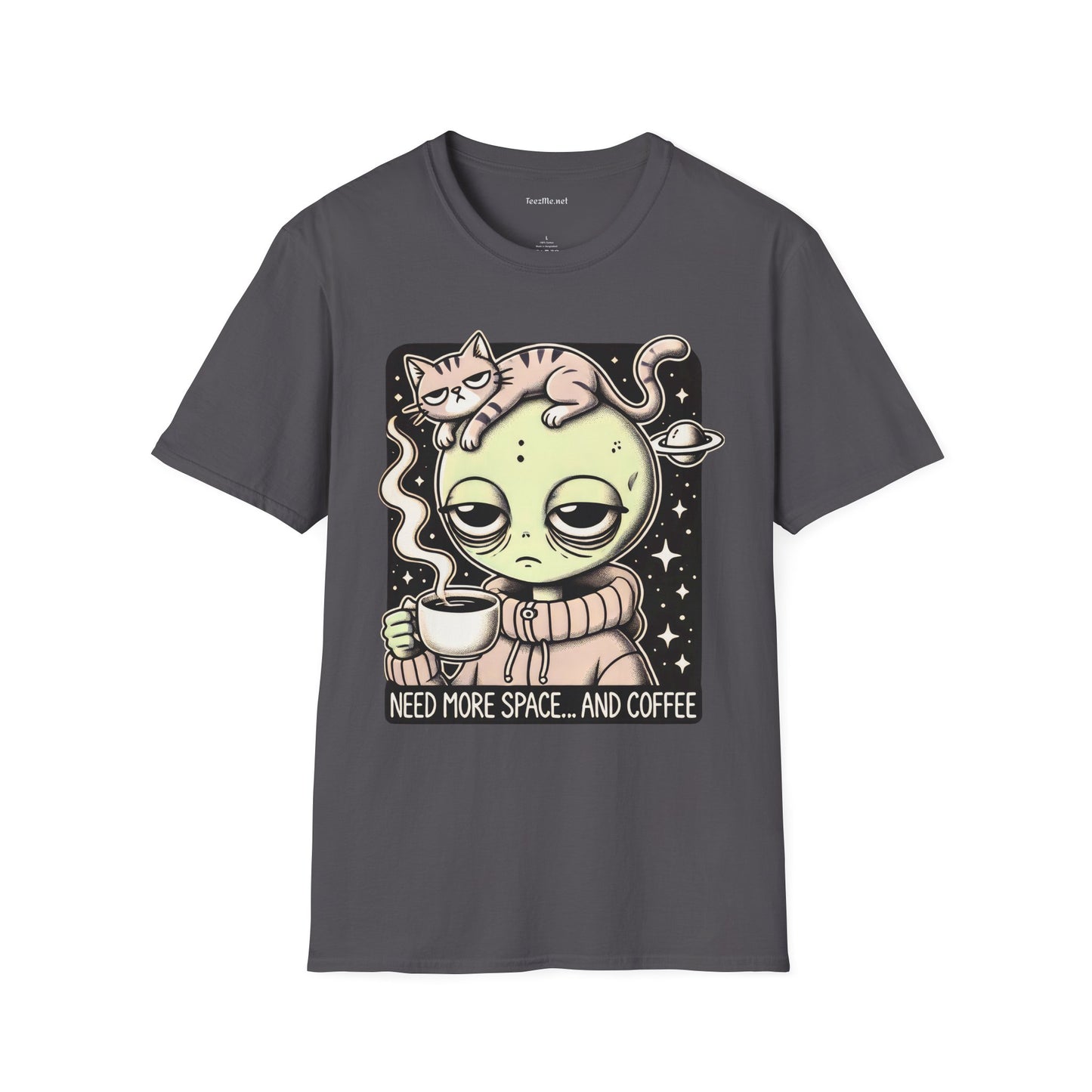 Sleepy Alien with Cat Unisex Softstyle T-Shirt 100% Cotton Graphic