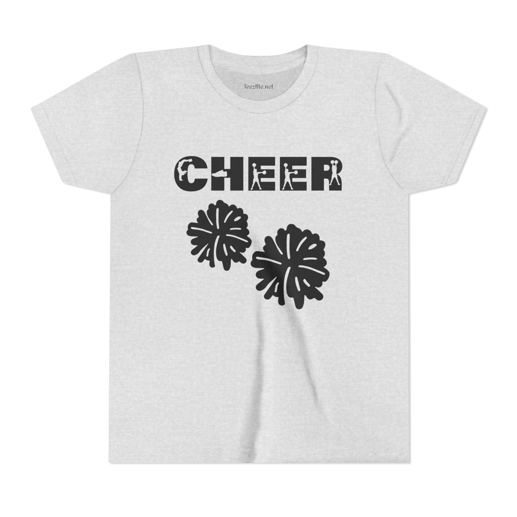 Youth Cheer T‑Shirt – 'CHEER' Graphic with Pom Poms | Kid Cheerleader Tee for Practice & Games
