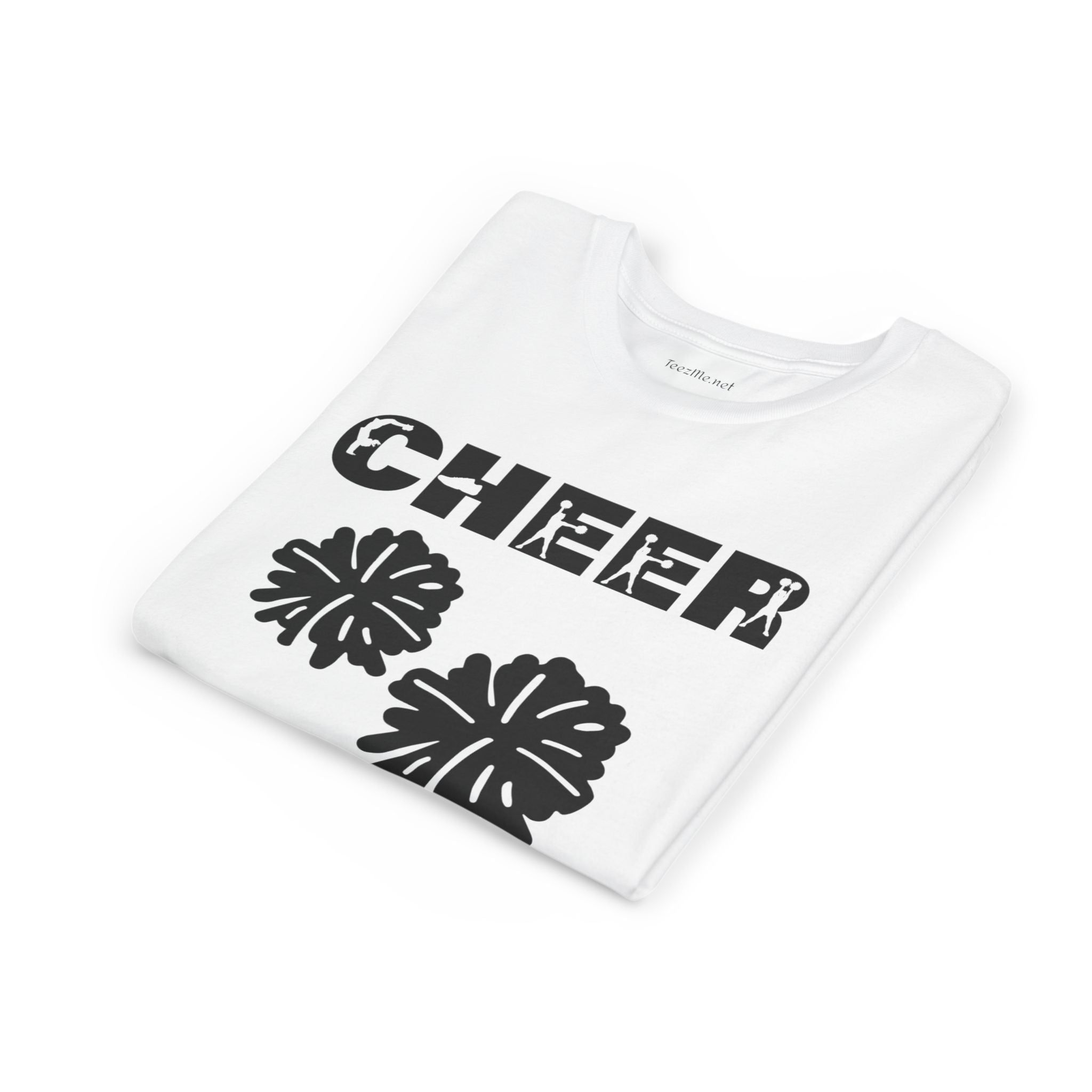 Youth Cheer T‑Shirt – 'CHEER' Graphic with Pom Poms | Kid Cheerleader Tee for Practice & Games