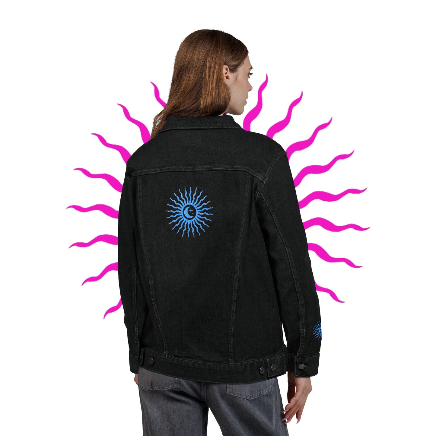 Sun and Moon Turquoise Unisex Denim Jacket (Embroidery)