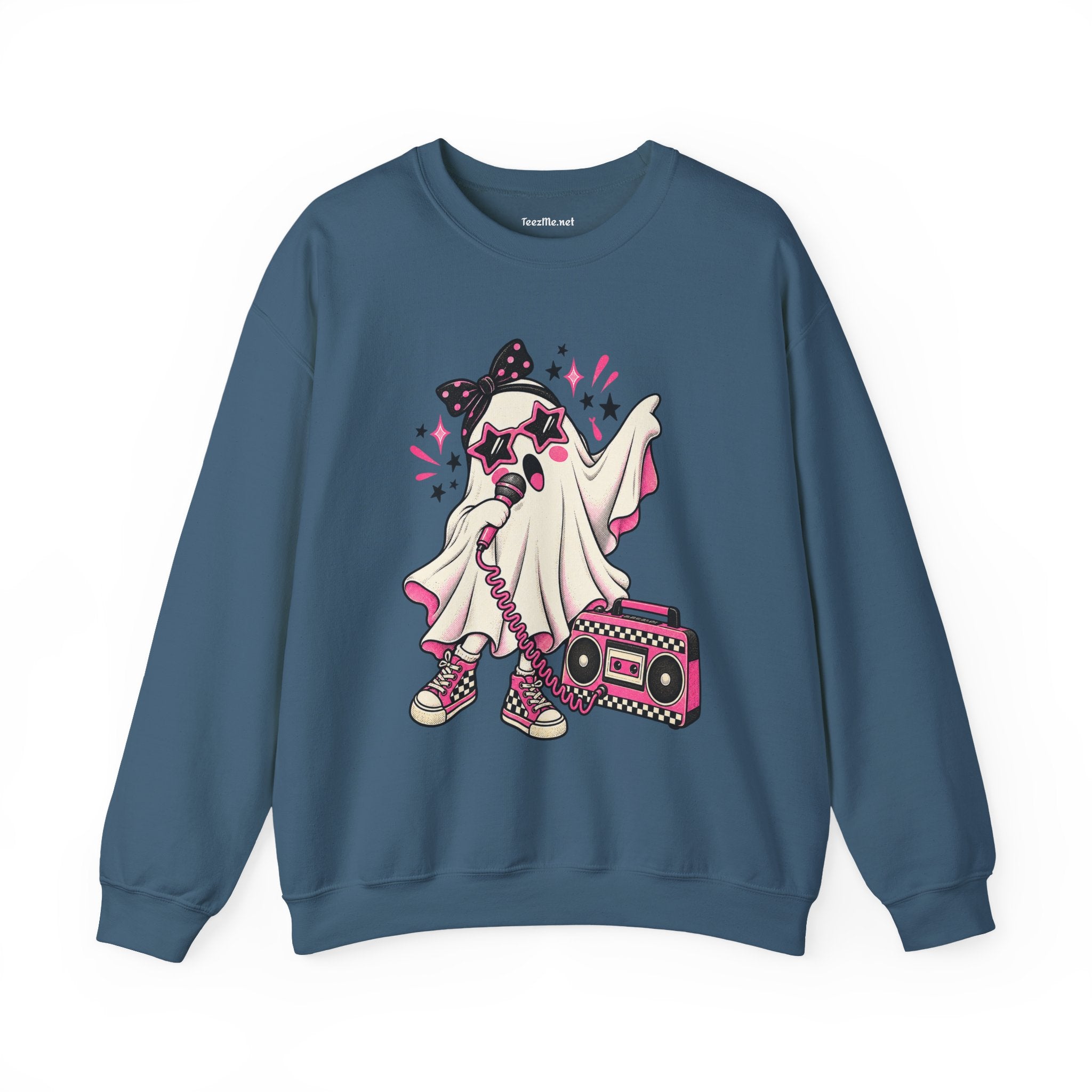 Retro Ghost Crewneck Sweatshirt — Cute 80s Boombox Ghost Design