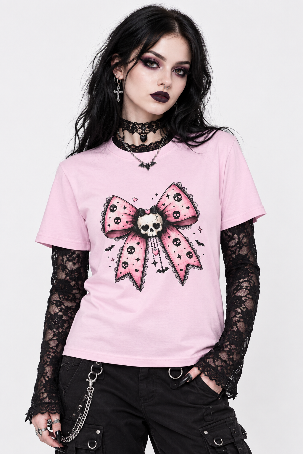 Skull Bow T-Shirt — Gothic Pink Ribbon Tee