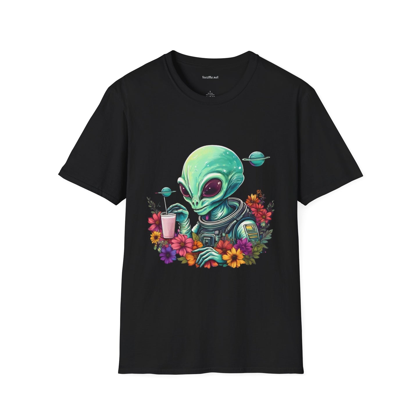 Alien Drinking in Space Unisex Softstyle T-Shirt 100% Cotton Graphic