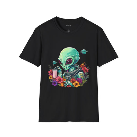 Alien Drinking in Space Unisex Softstyle T-Shirt 100% Cotton Graphic