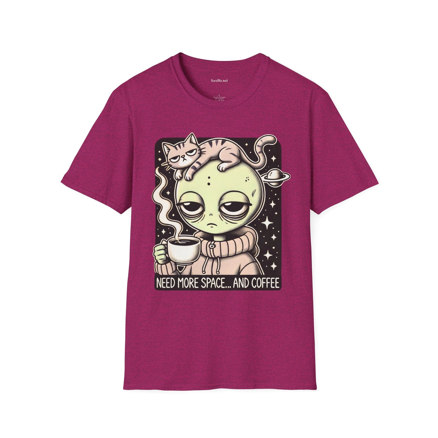 Sleepy Alien with Cat Unisex Softstyle T-Shirt 100% Cotton Graphic