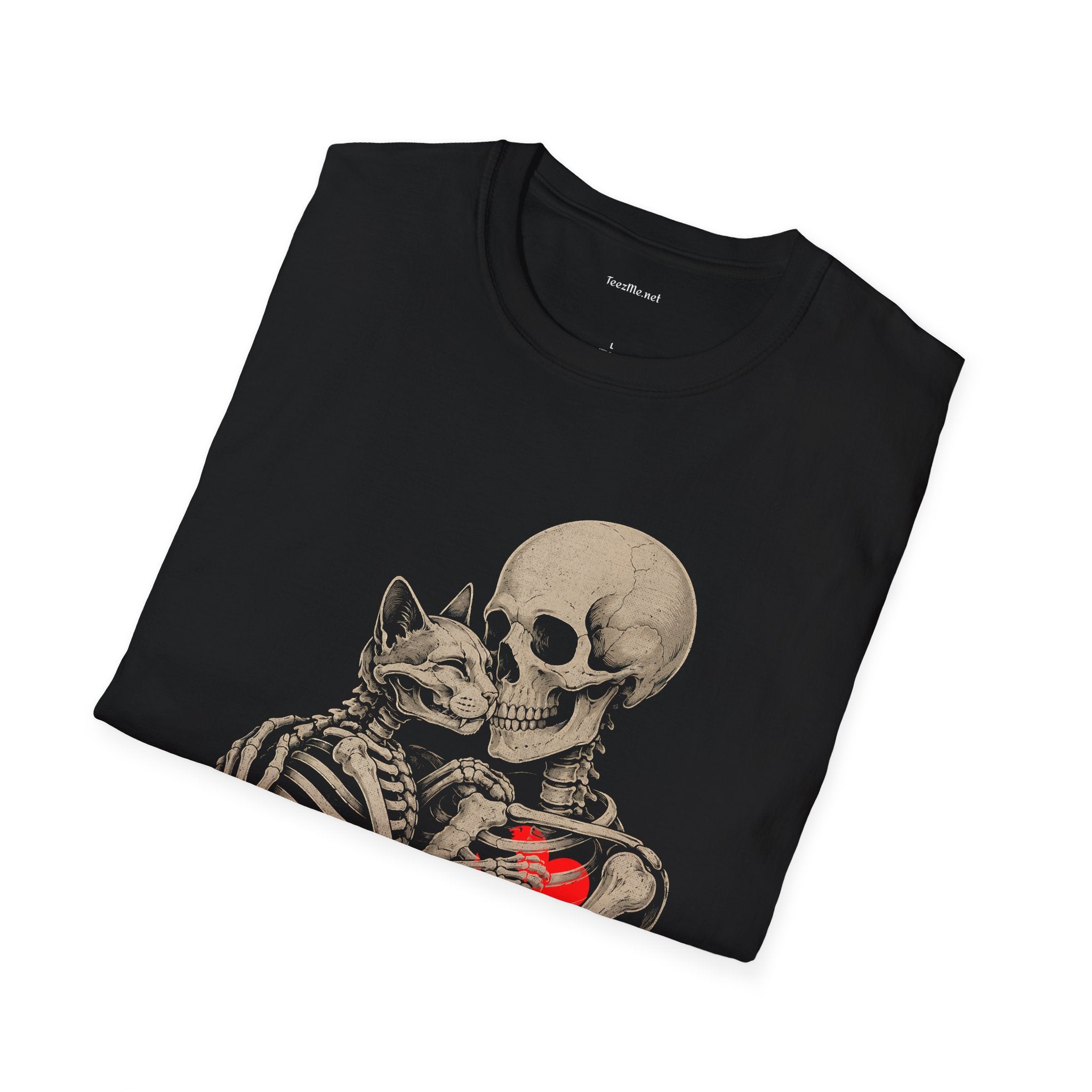 Skeleton Embrace T-Shirt — Gothic Skull & Cat Love Graphic Tee