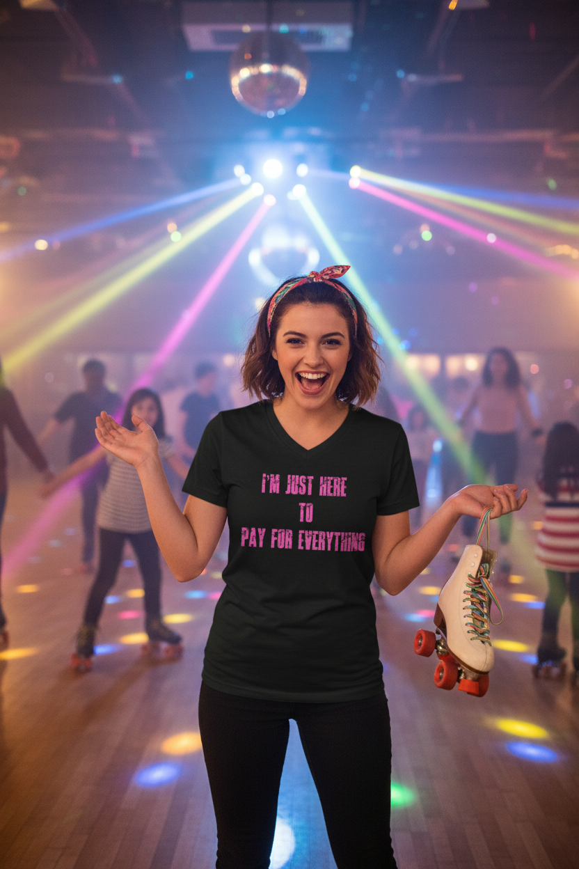 V-Neck Tee — "I'M JUST HERE TO PAY FOR EVERYTHING"  Funny Sarcastic Statement Shirt (pink text)