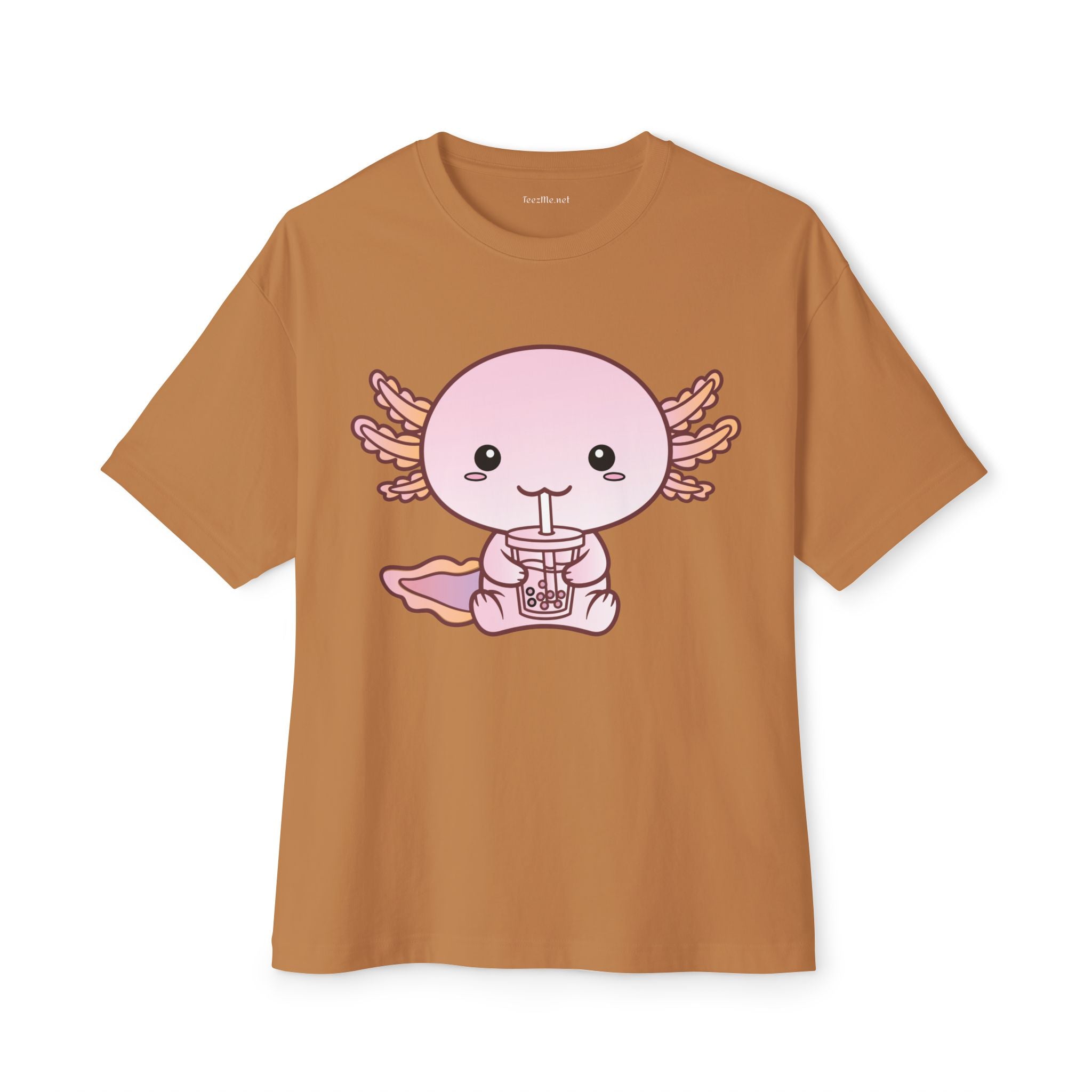 Cute Kawaii Axolotl Drinking Bubble Tea Unisex Oversized Boxy Tee