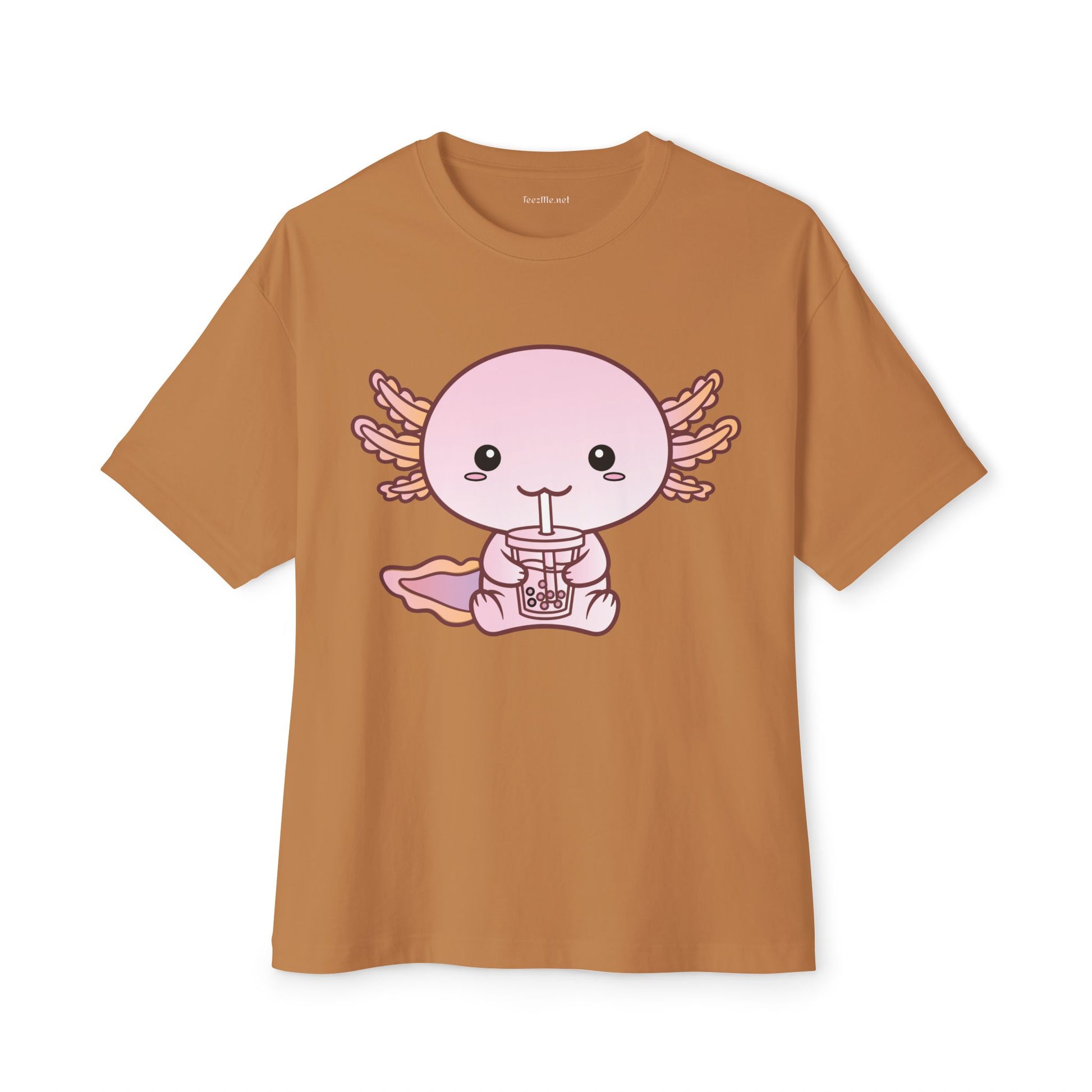 Cute Kawaii Axolotl Drinking Bubble Tea Unisex Oversized Boxy Tee