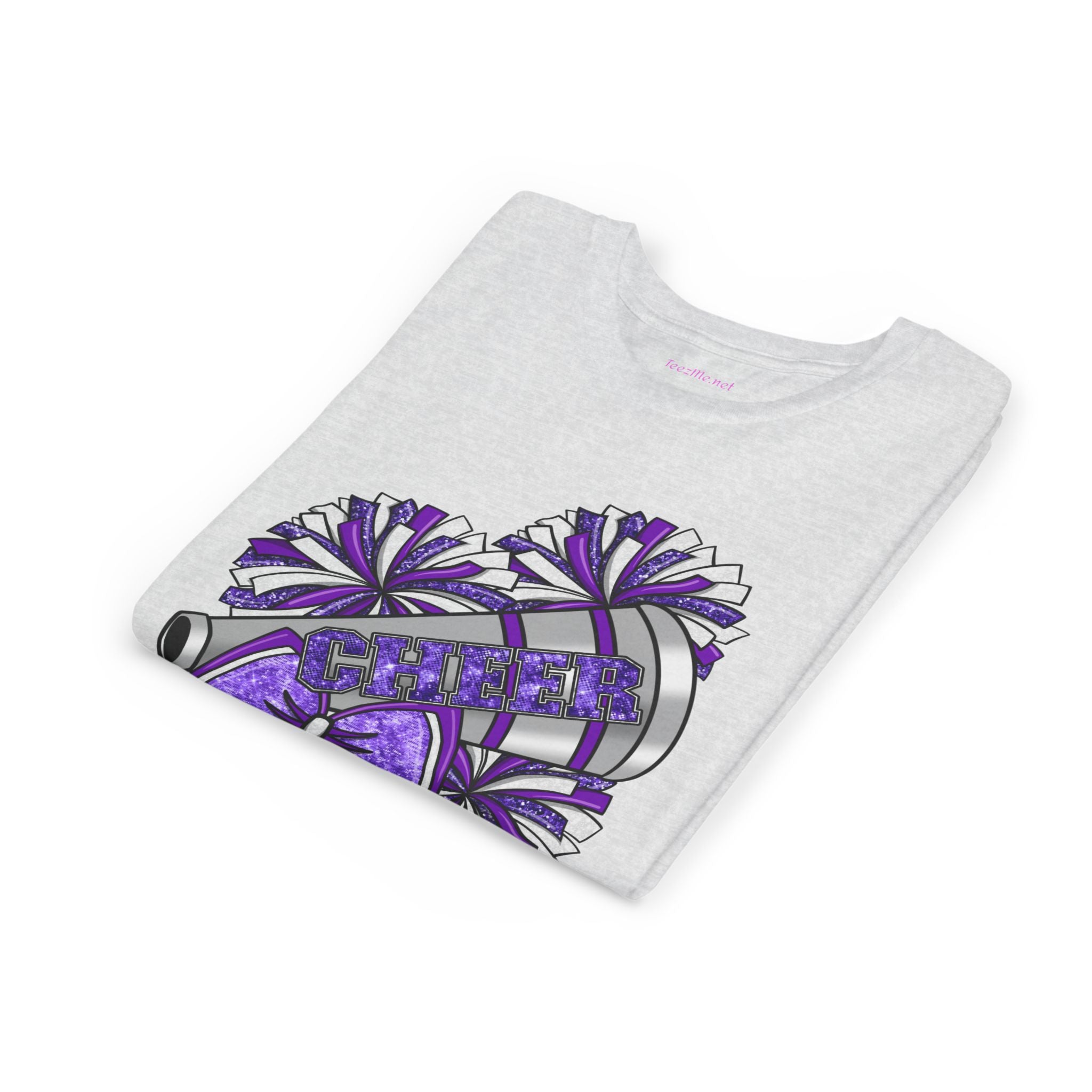 Youth Cheerleader Tee — Purple Pom-Pom & Megaphone Cheer Shirt