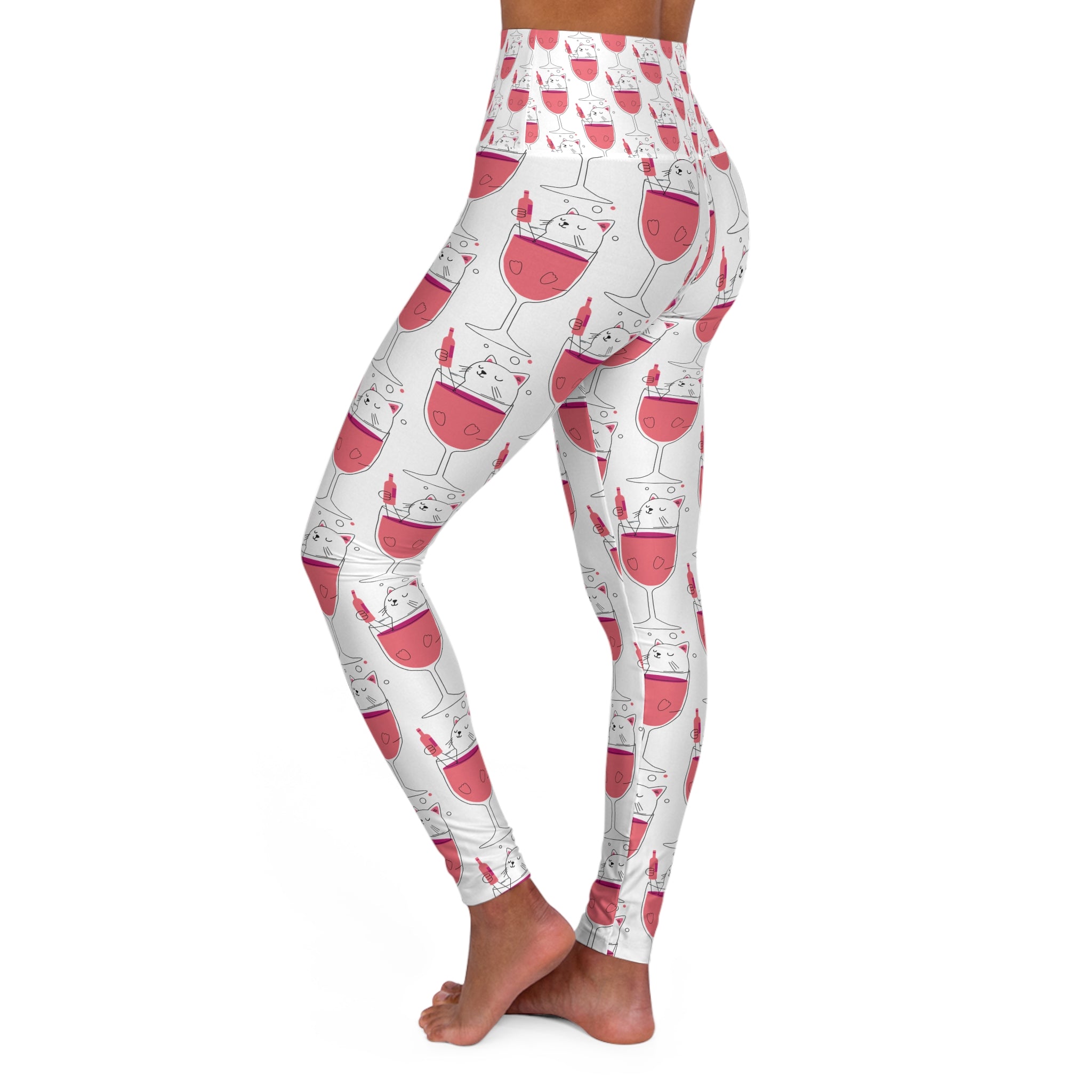 Cat_Wine illustration (pair with I'm a better lady because of my cats tee) High Waisted Yoga Leggings (AOP)