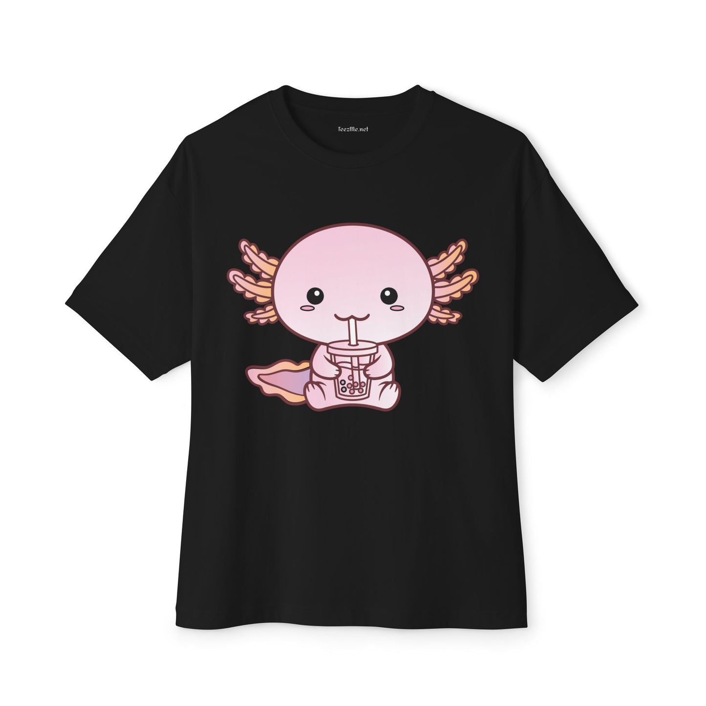 Cute Kawaii Axolotl Drinking Bubble Tea Unisex Oversized Boxy Tee