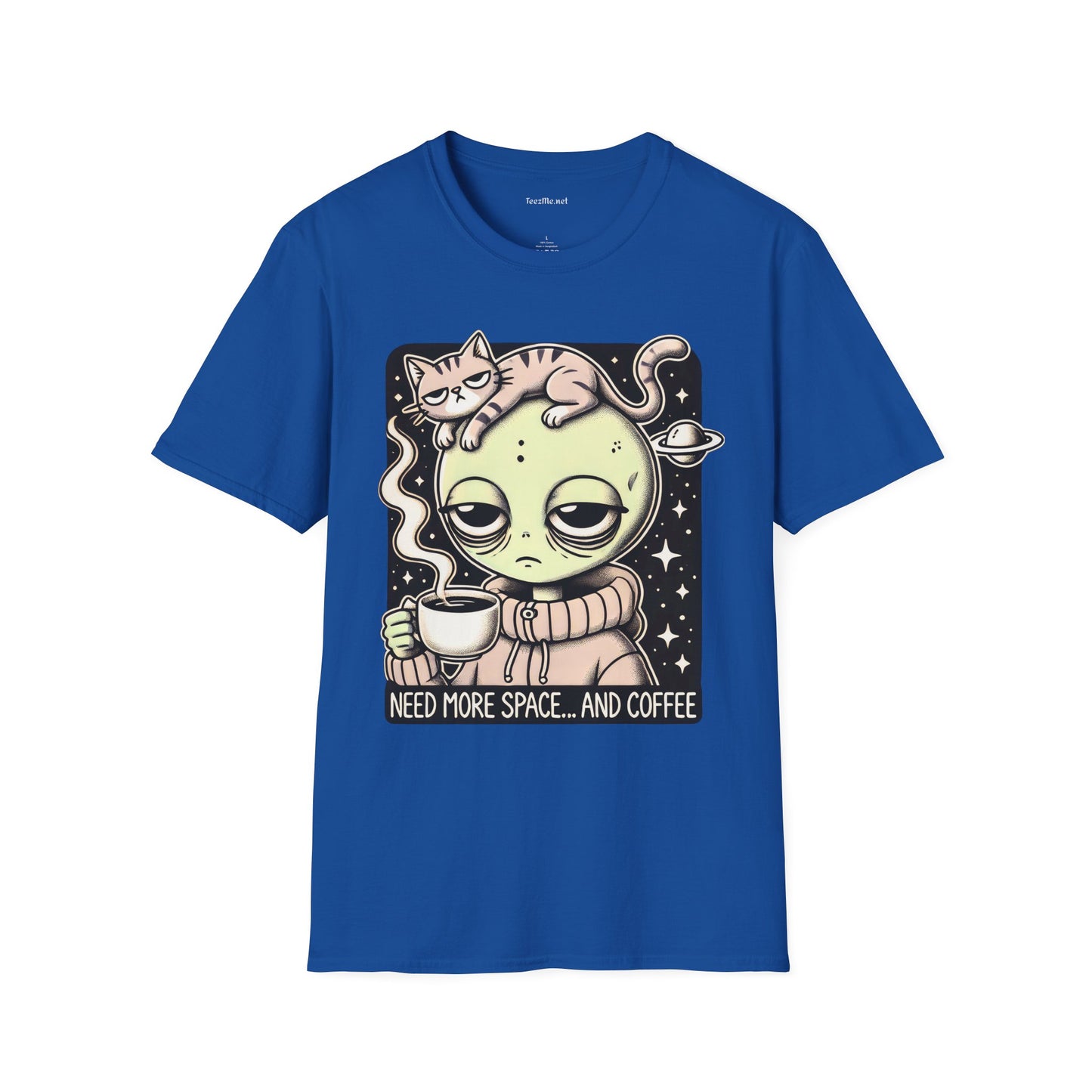 Sleepy Alien with Cat Unisex Softstyle T-Shirt 100% Cotton Graphic