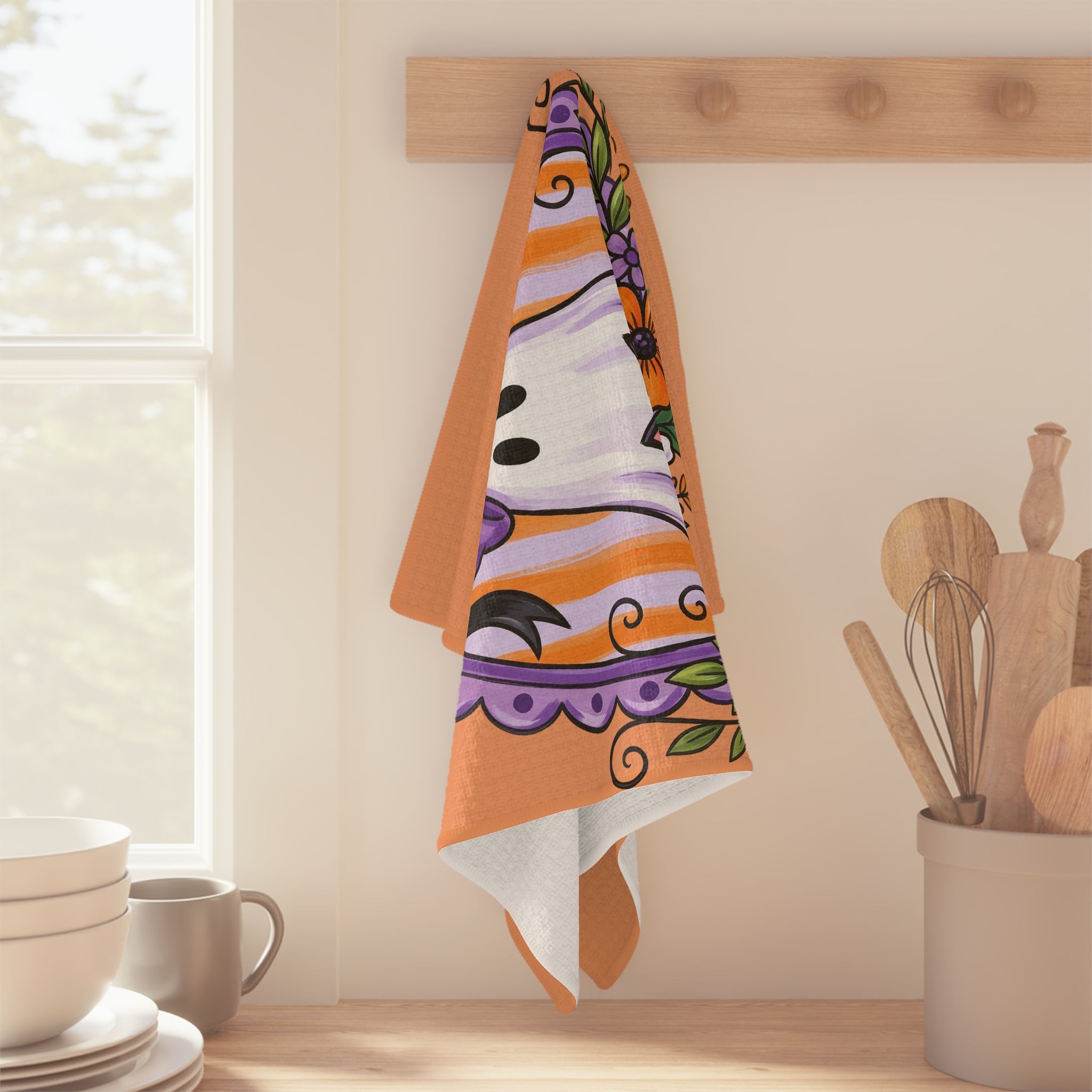 Halloween Ghost & Black Cat Tea Towel — Cute Orange Spooky Kitchen Towel