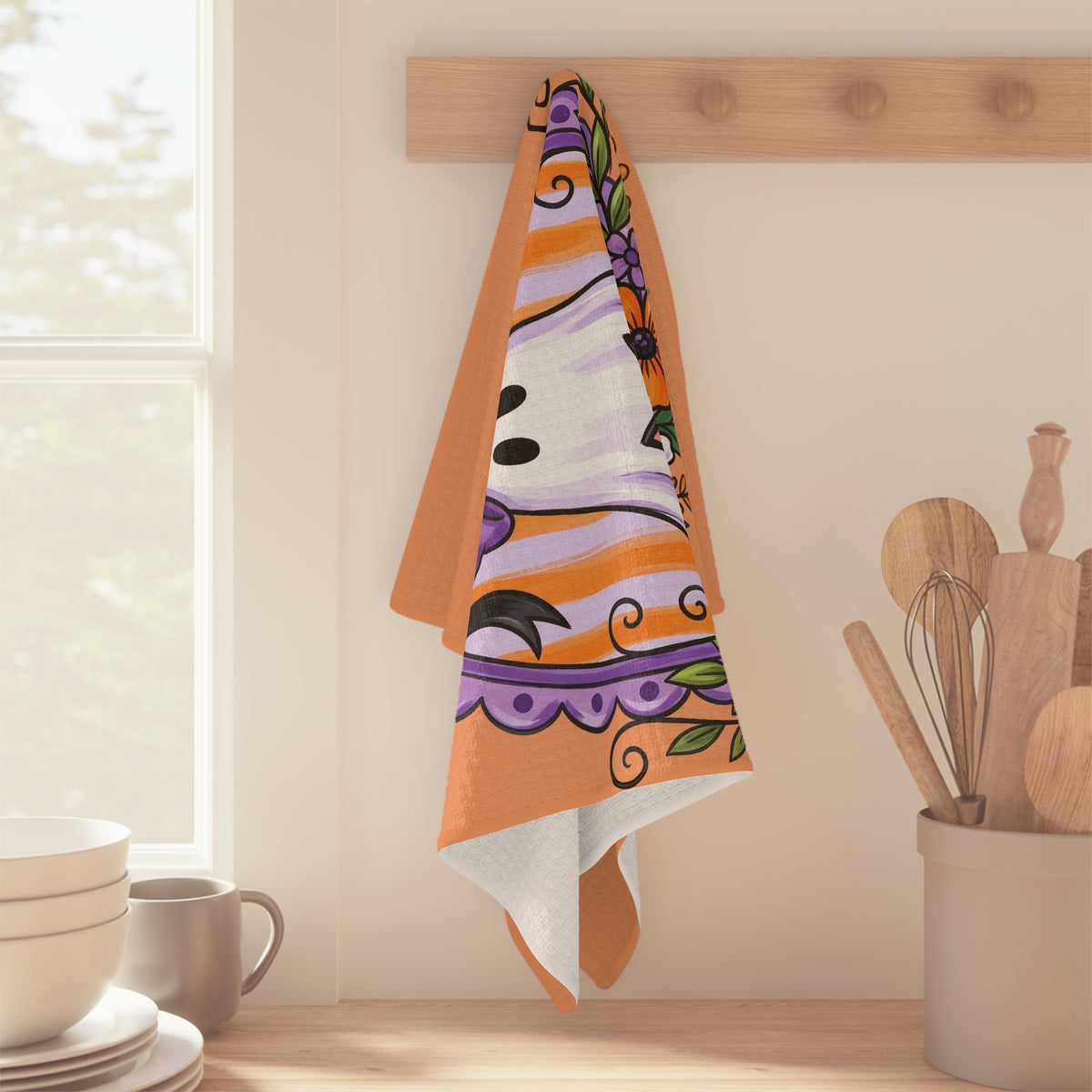 Halloween Ghost & Black Cat Tea Towel — Cute Orange Spooky Kitchen Towel