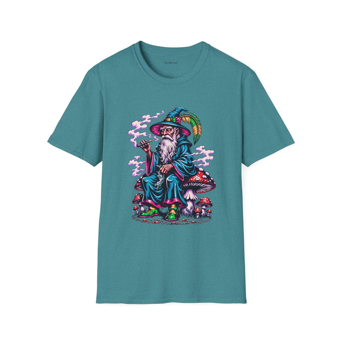 Psychedelic Smoking Wizard on Mushrooms Fantasy Unisex Softstyle T-Shirt 100% Cotton Graphic