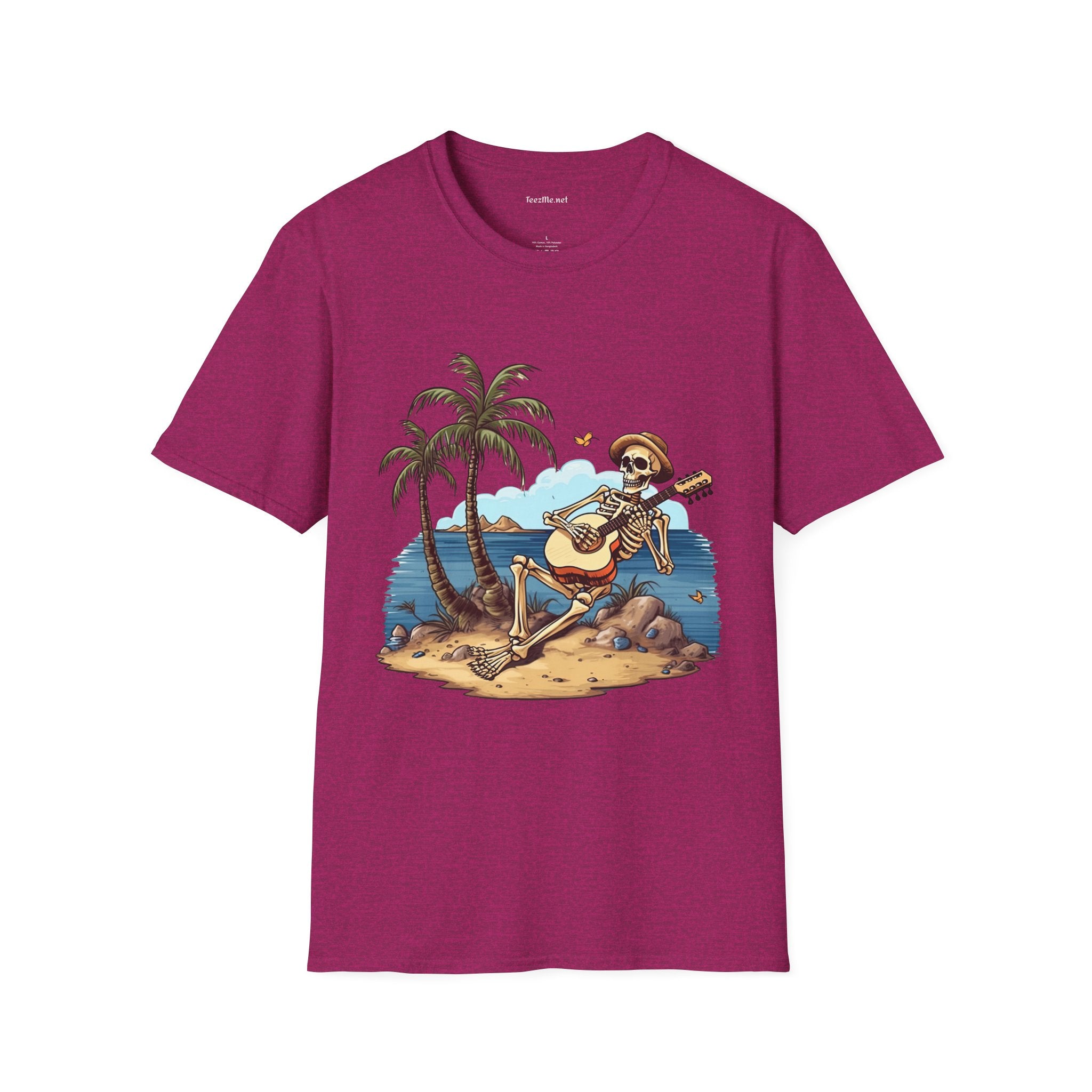 Skeleton with Guitar under palm tree - Unisex Softstyle T-Shirt 100% Cotton Graphic