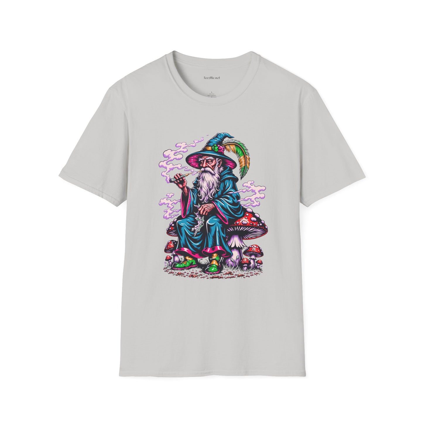 Psychedelic Smoking Wizard on Mushrooms Fantasy Unisex Softstyle T-Shirt 100% Cotton Graphic